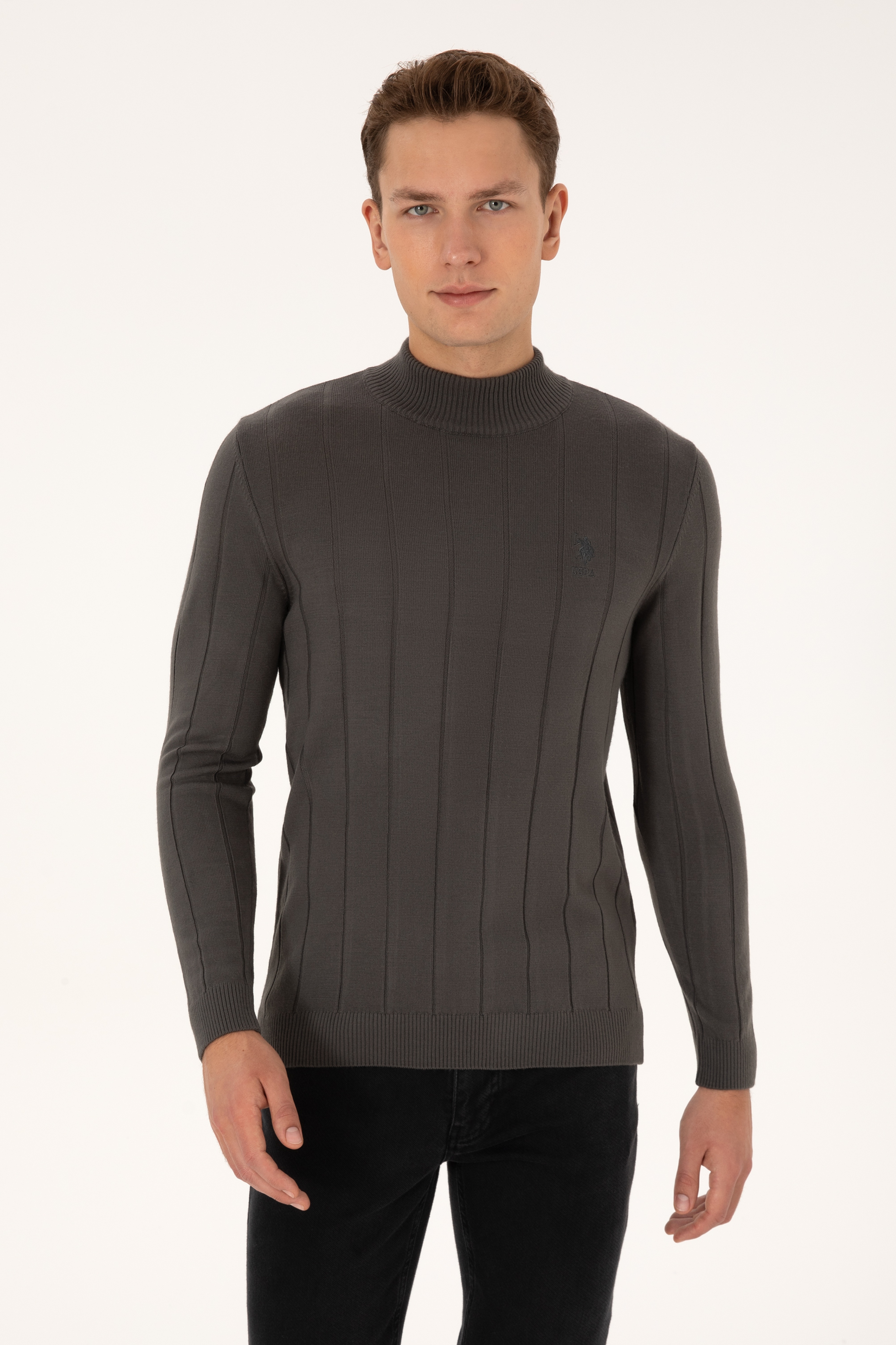 Erkek Slim Fit Yarım Balıkçı Yaka Gri Kazak