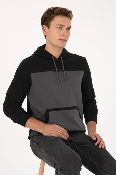 Erkek Regular Fit Kapüşonlu Siyah Sweatshirt