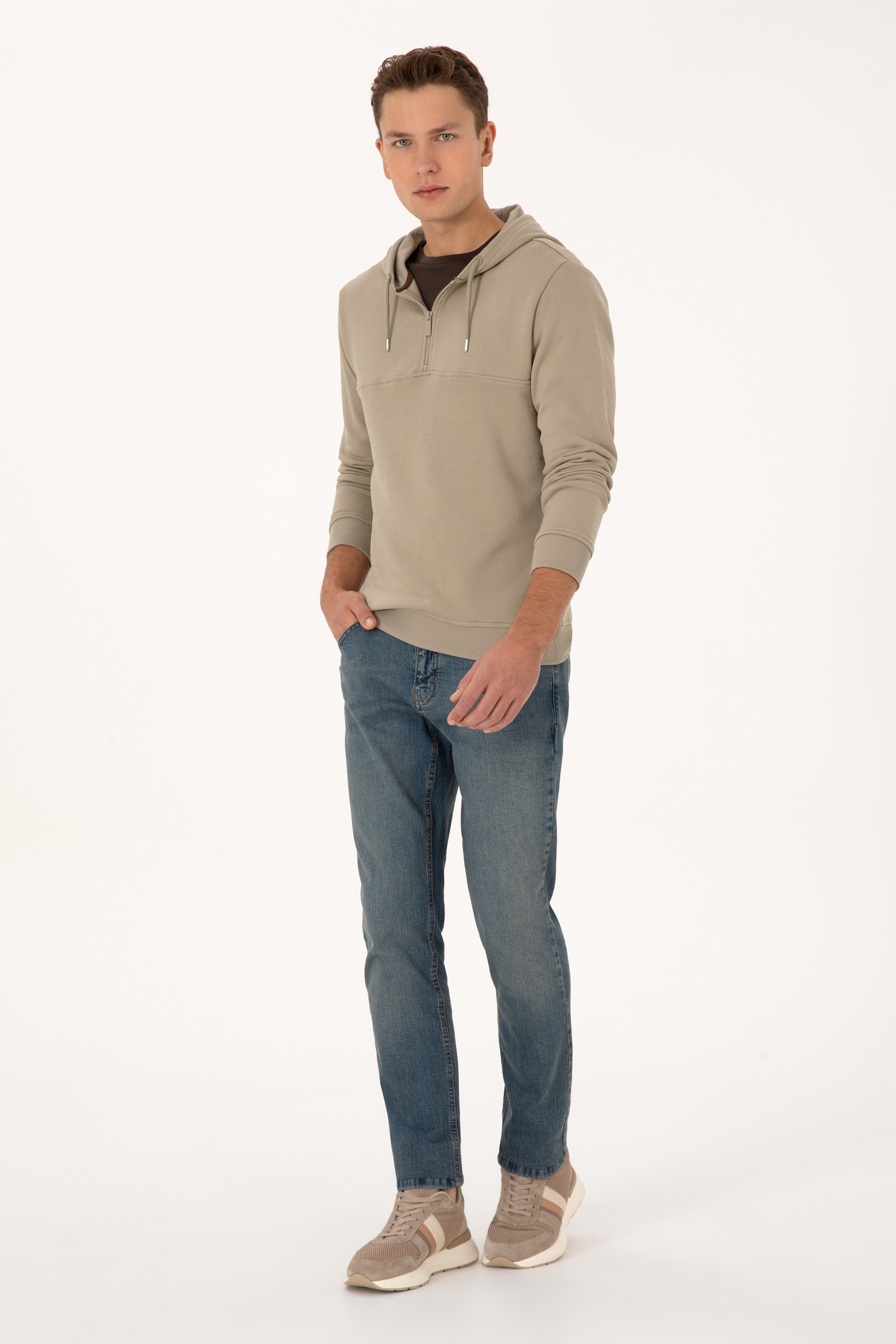 Erkek Regular Fit Yarım Fermuarlı Kapüşonlu Açık Haki Sweatshirt - Image 5