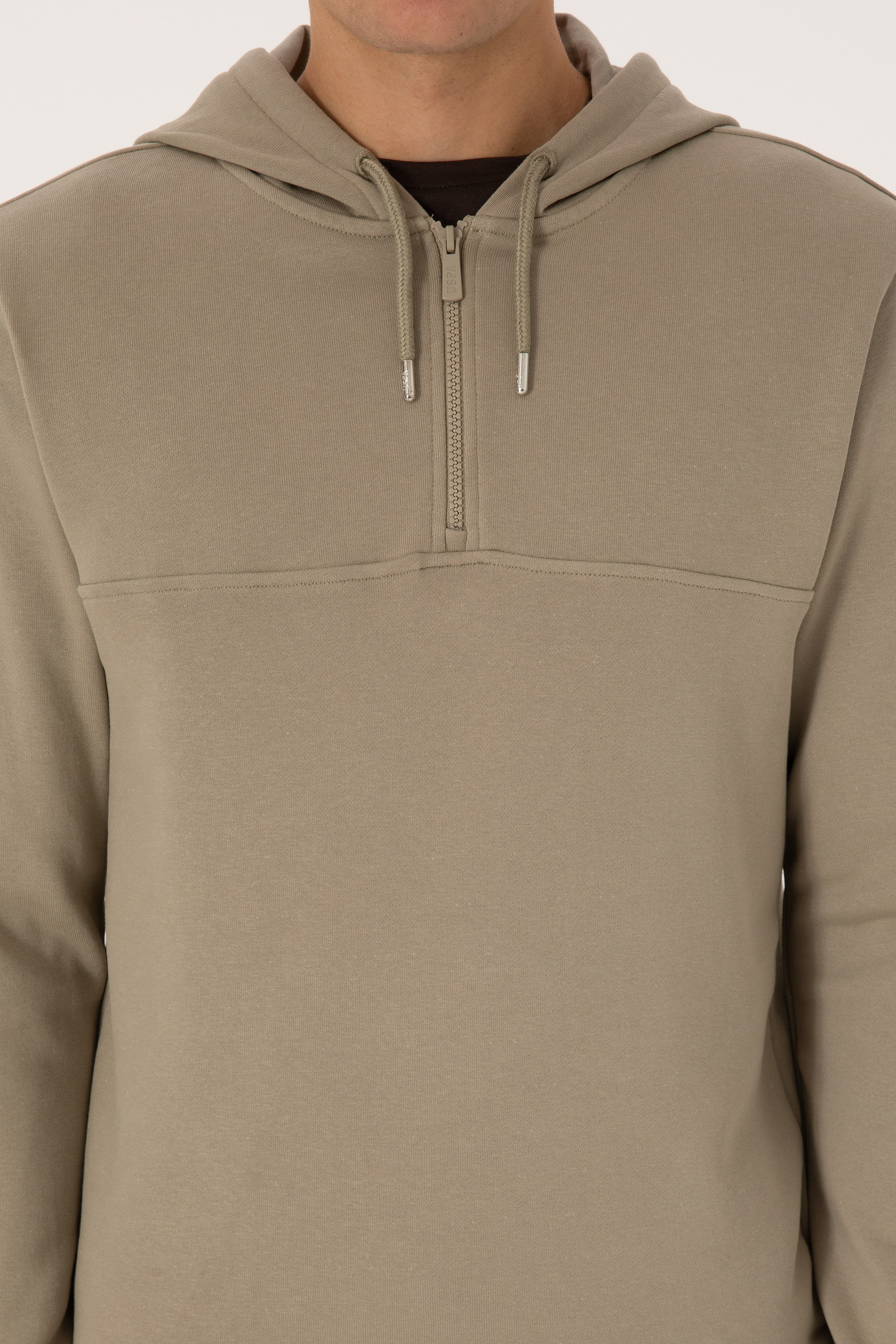 Erkek Regular Fit Yarım Fermuarlı Kapüşonlu Açık Haki Sweatshirt