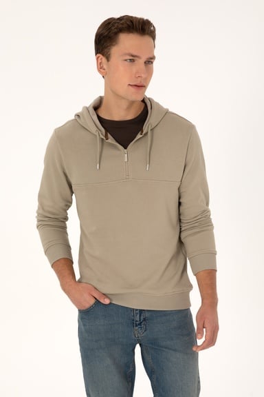 Erkek Regular Fit Yarım Fermuarlı Kapüşonlu Açık Haki Sweatshirt
