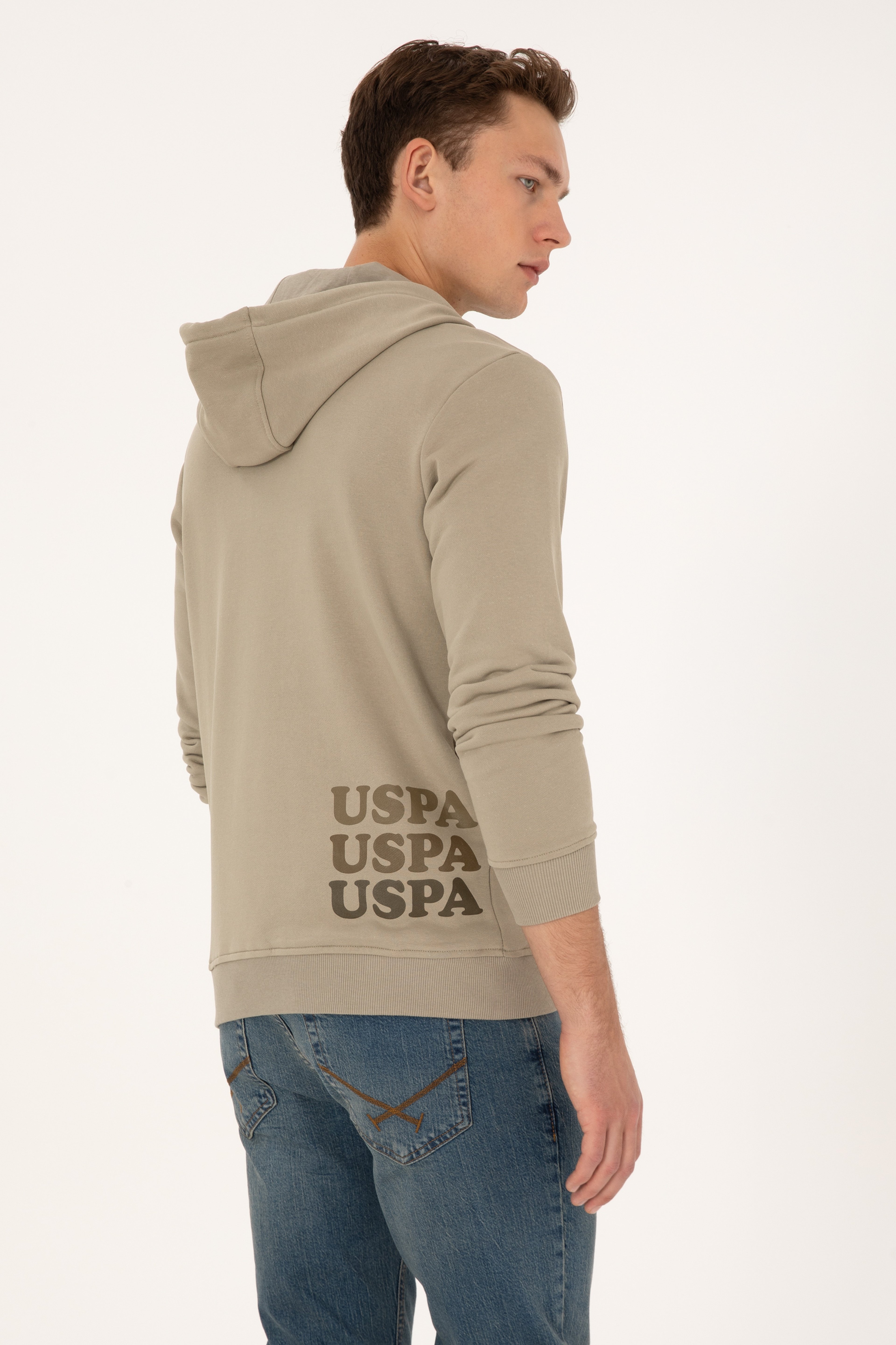Erkek Regular Fit Yarım Fermuarlı Kapüşonlu Açık Haki Sweatshirt - Image 4