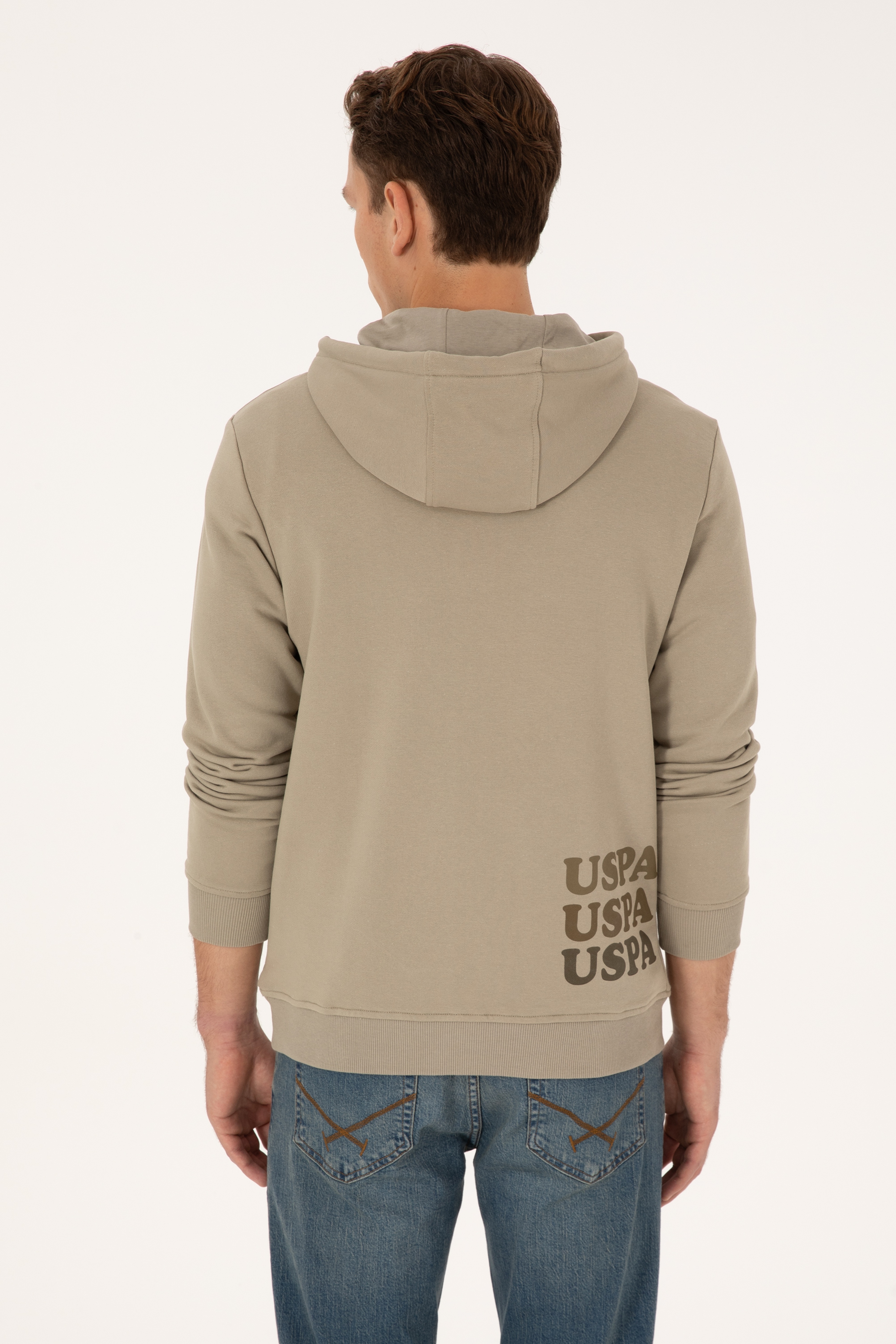 Erkek Regular Fit Yarım Fermuarlı Kapüşonlu Açık Haki Sweatshirt - Image 6