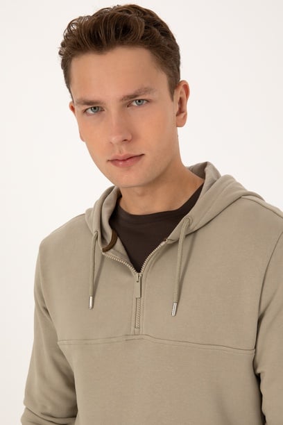 Erkek Regular Fit Yarım Fermuarlı Kapüşonlu Açık Haki Sweatshirt