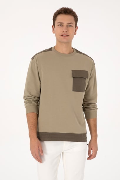 Erkek Comfort Fit Bisiklet Yaka Cep Detaylı Açık Haki Sweatshirt