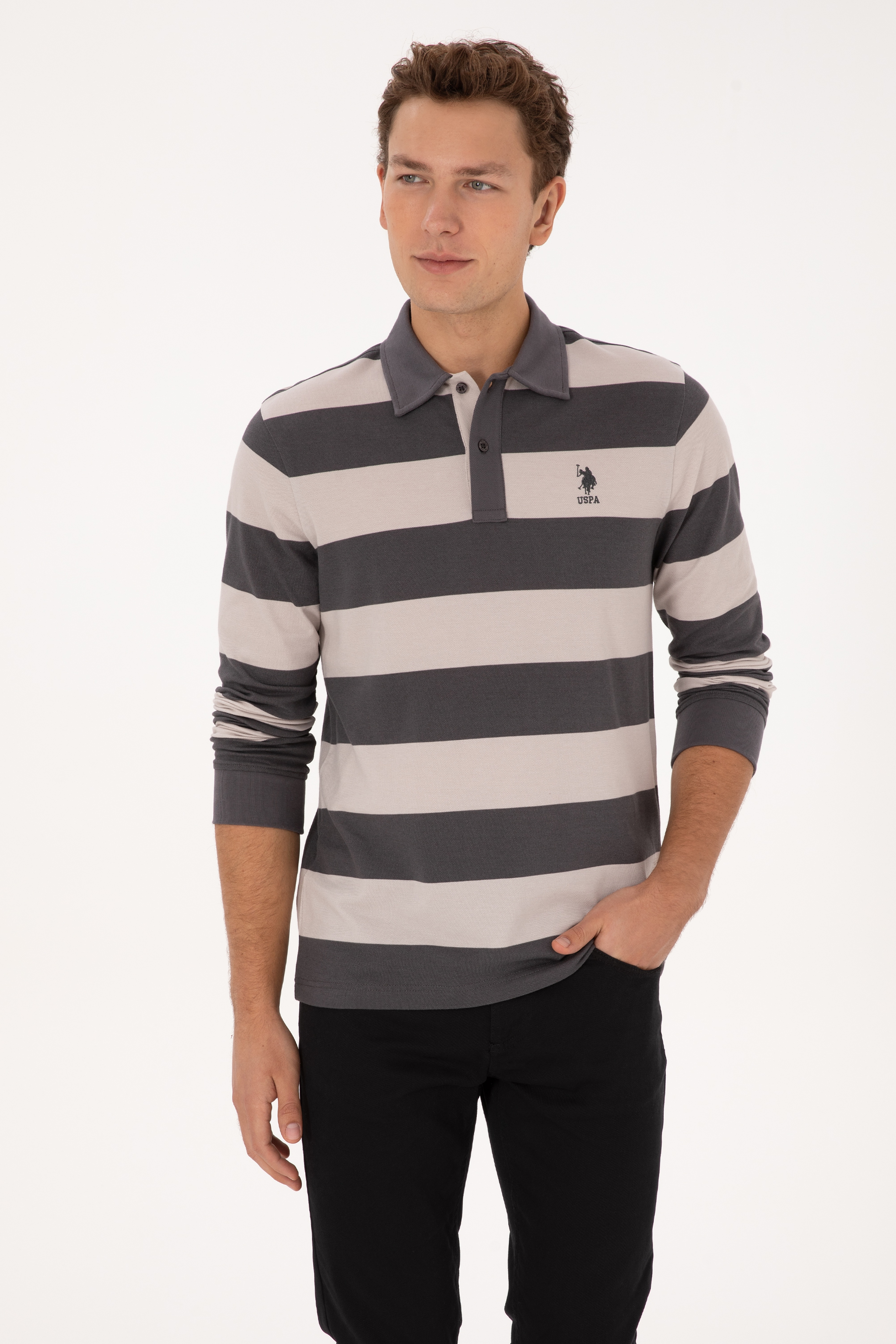 Erkek Regular Fit Polo Yaka Gri Sweatshirt