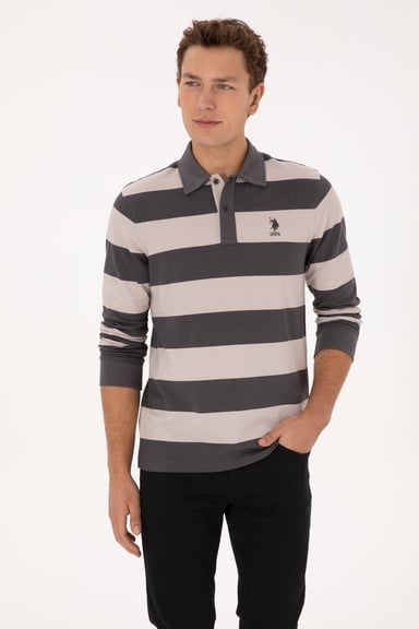 Erkek Regular Fit Polo Yaka Gri Sweatshirt