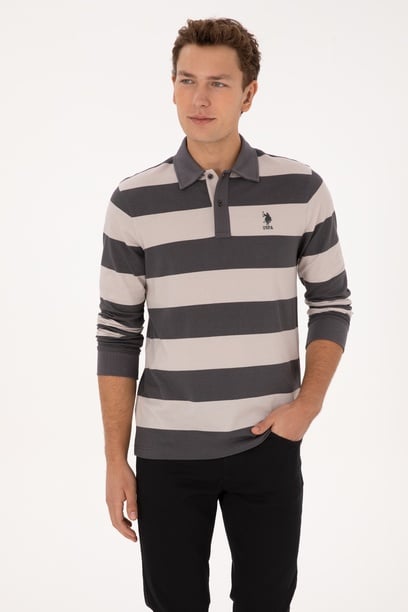 Erkek Regular Fit Polo Yaka Gri Sweatshirt