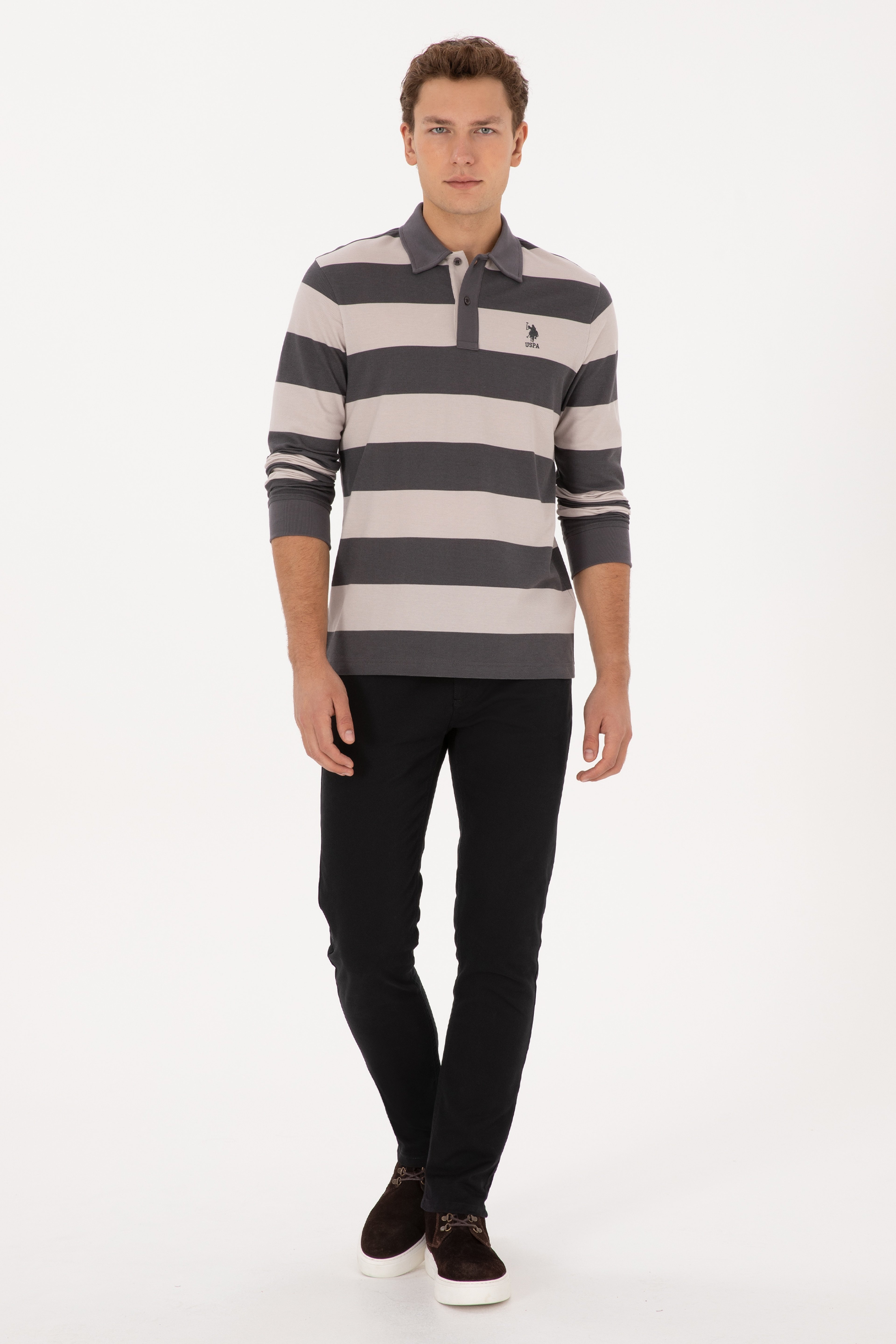 Erkek Regular Fit Polo Yaka Gri Sweatshirt