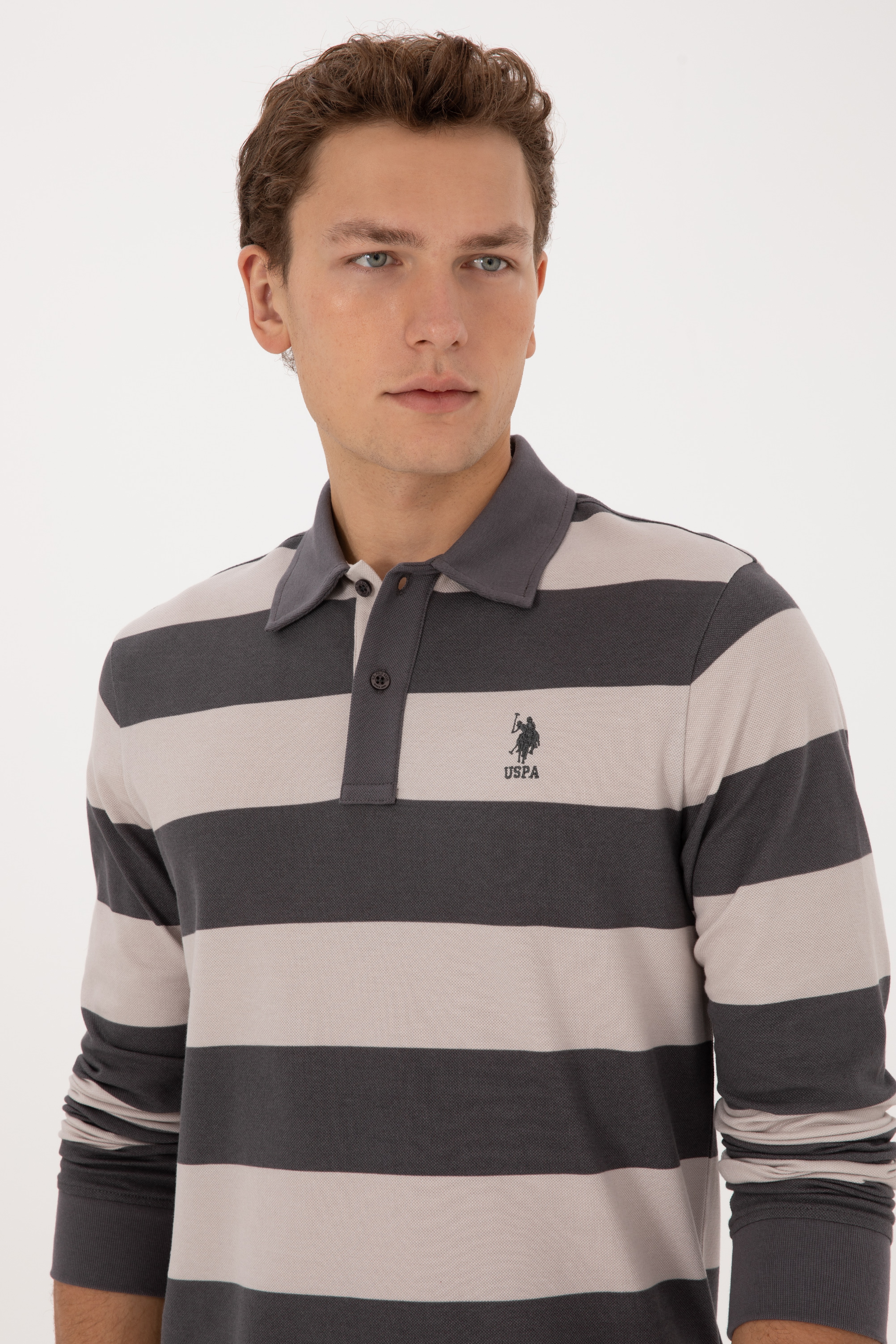 Erkek Regular Fit Polo Yaka Gri Sweatshirt