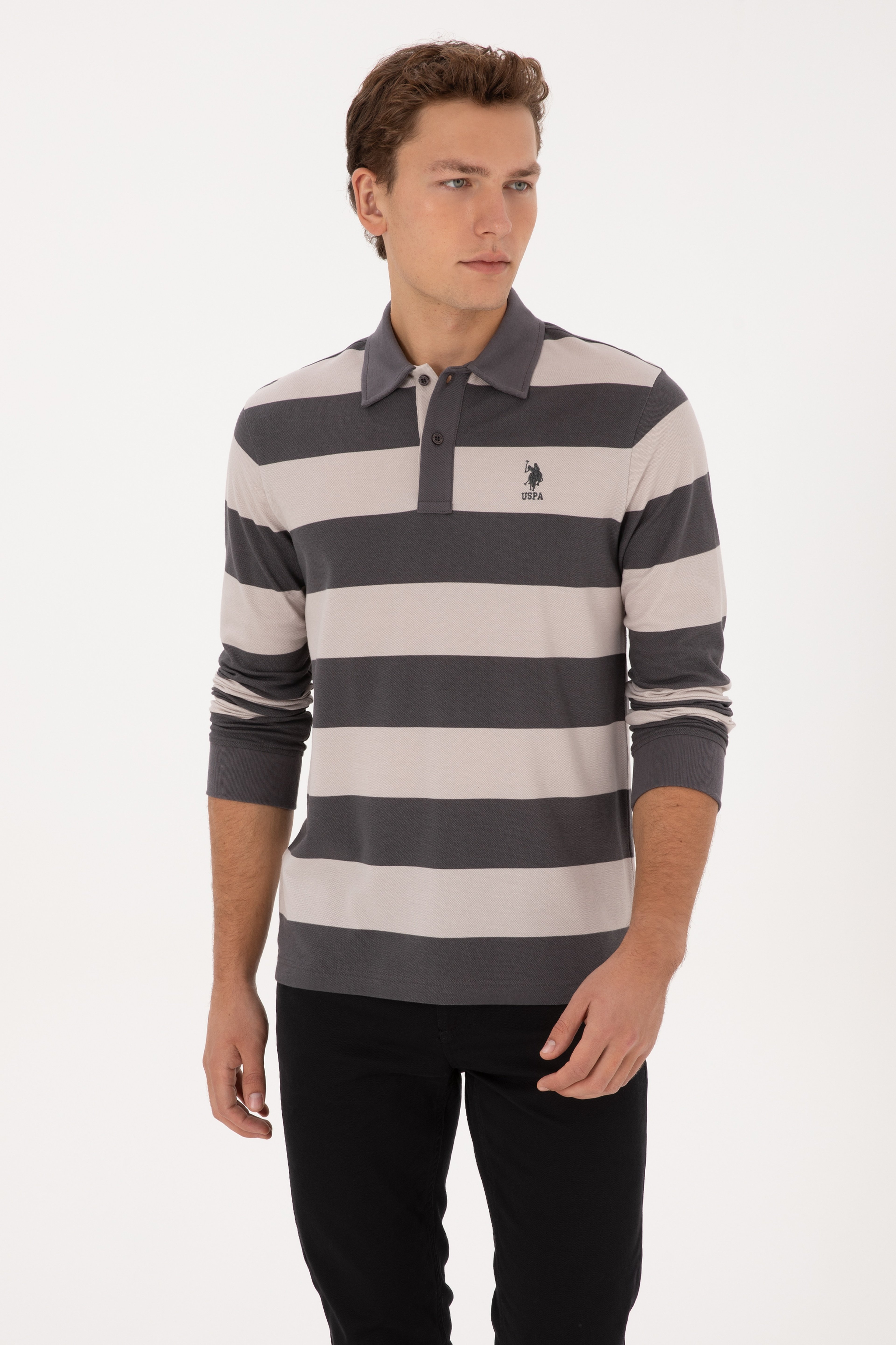 Erkek Regular Fit Polo Yaka Gri Sweatshirt