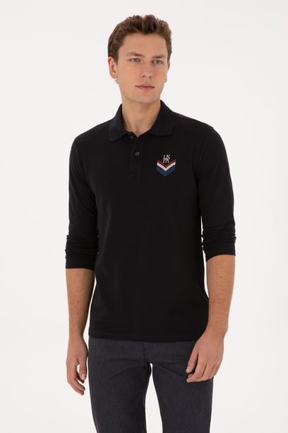 Erkek Regular Fit Polo Yaka Siyah Sweatshirt