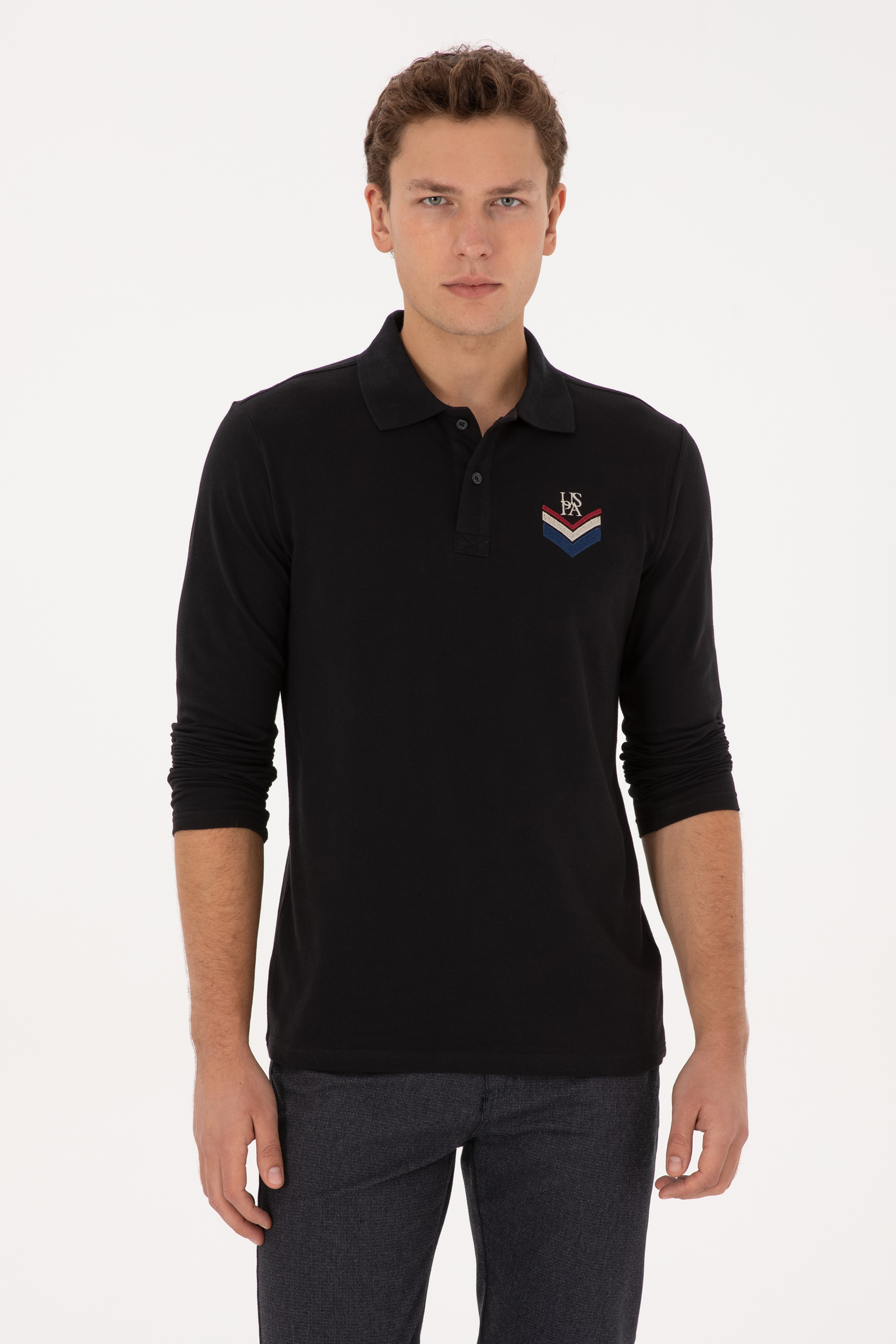 Erkek Regular Fit Polo Yaka Siyah Sweatshirt