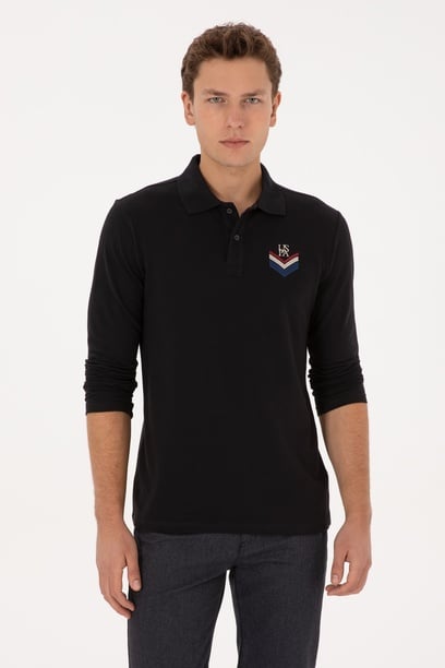 Erkek Regular Fit Polo Yaka Siyah Sweatshirt