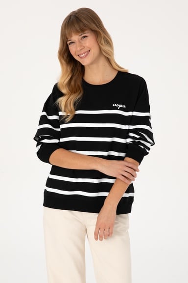 Kadın Siyah Çizgili Bisiklet Yaka Sweatshirt
