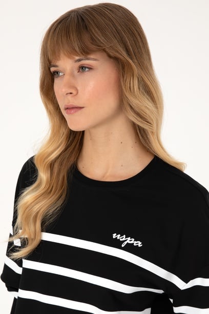 Kadın Siyah Çizgili Bisiklet Yaka Sweatshirt
