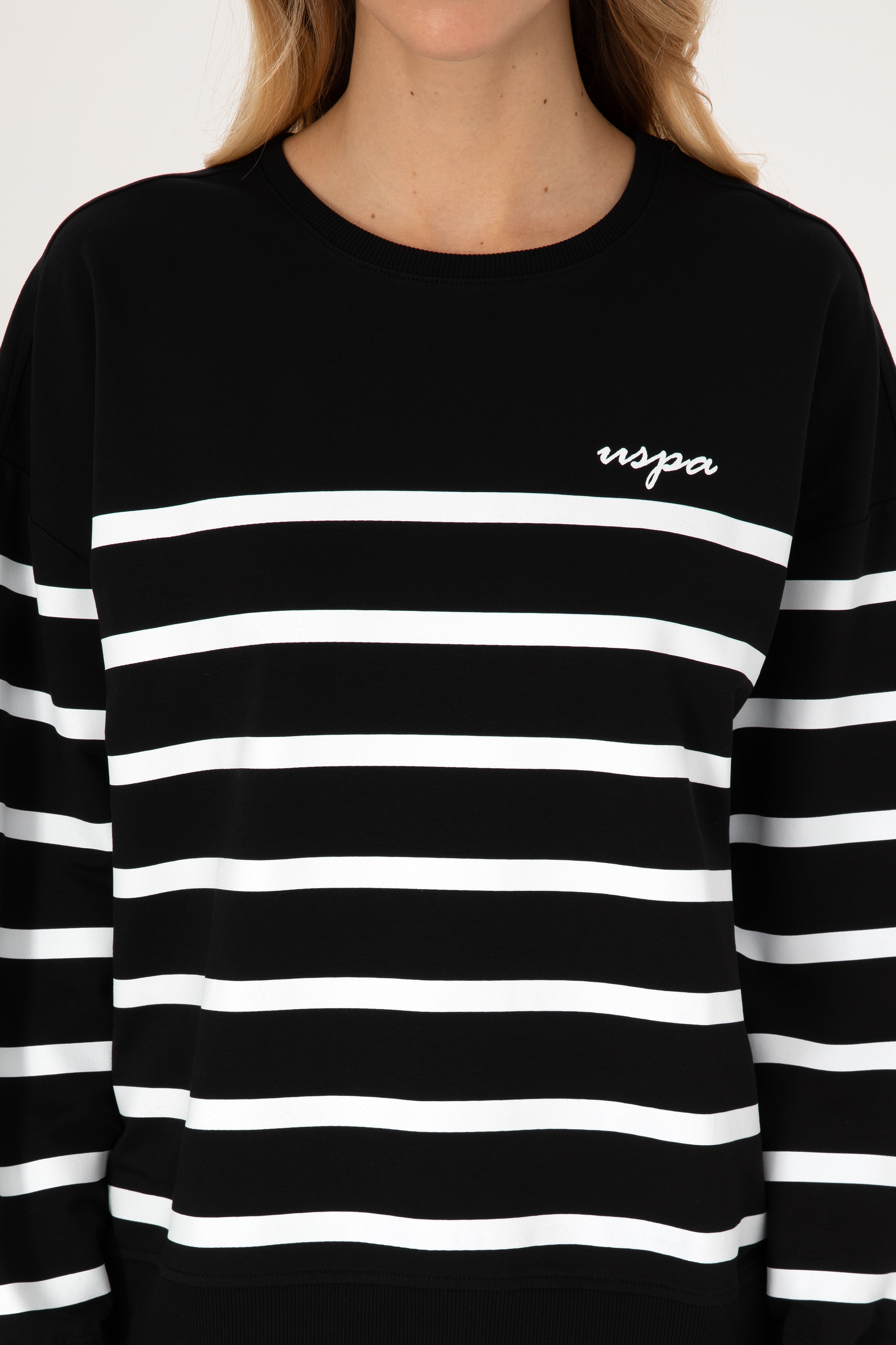 Kadın Siyah Çizgili Bisiklet Yaka Sweatshirt - Image 6