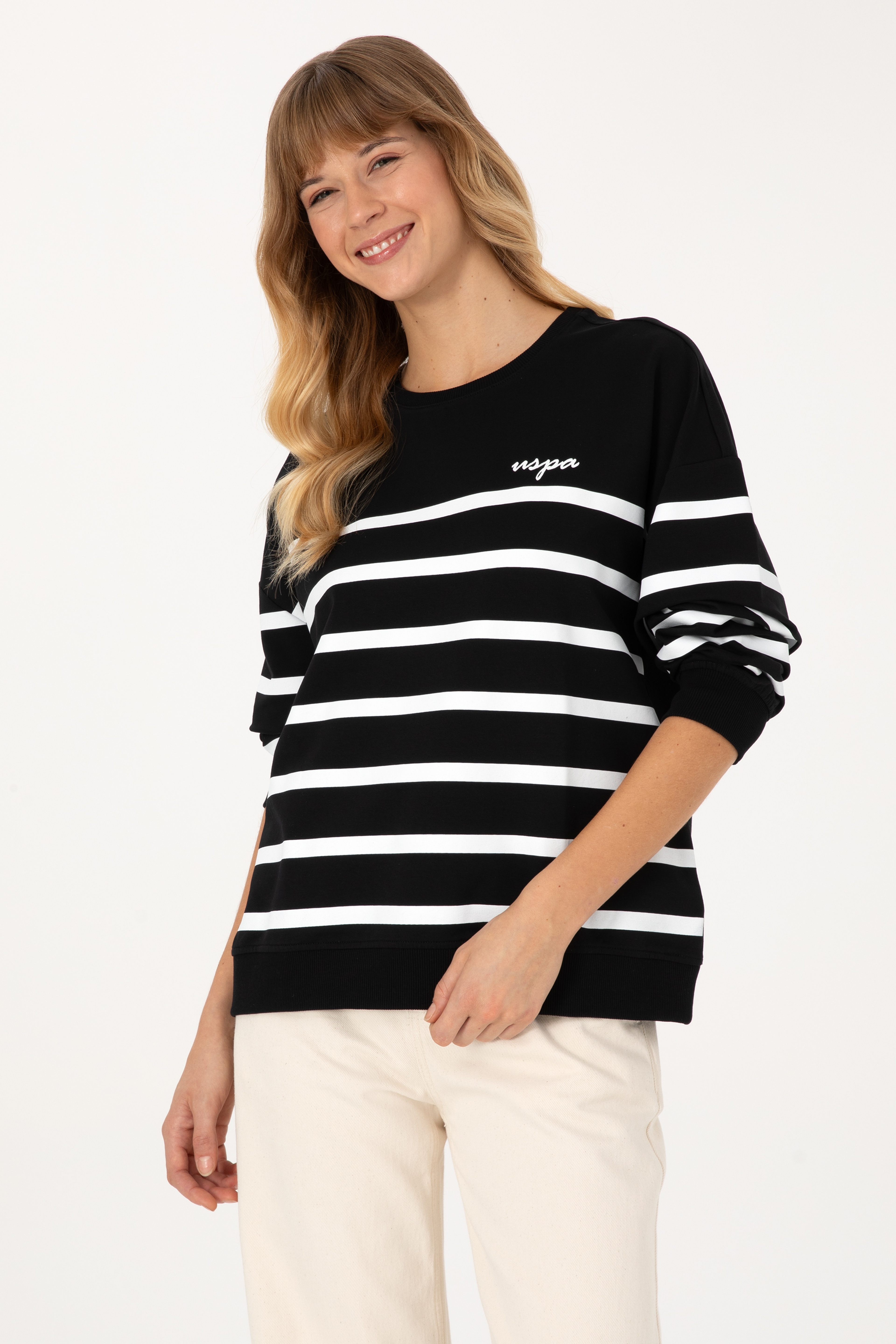 Kadın Siyah Çizgili Bisiklet Yaka Sweatshirt - Image 3