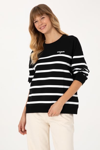 Kadın Siyah Çizgili Bisiklet Yaka Sweatshirt