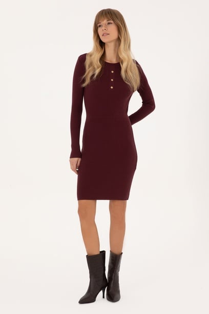 Kadın Bordo Bisiklet Yaka Mini Boy Triko Elbise