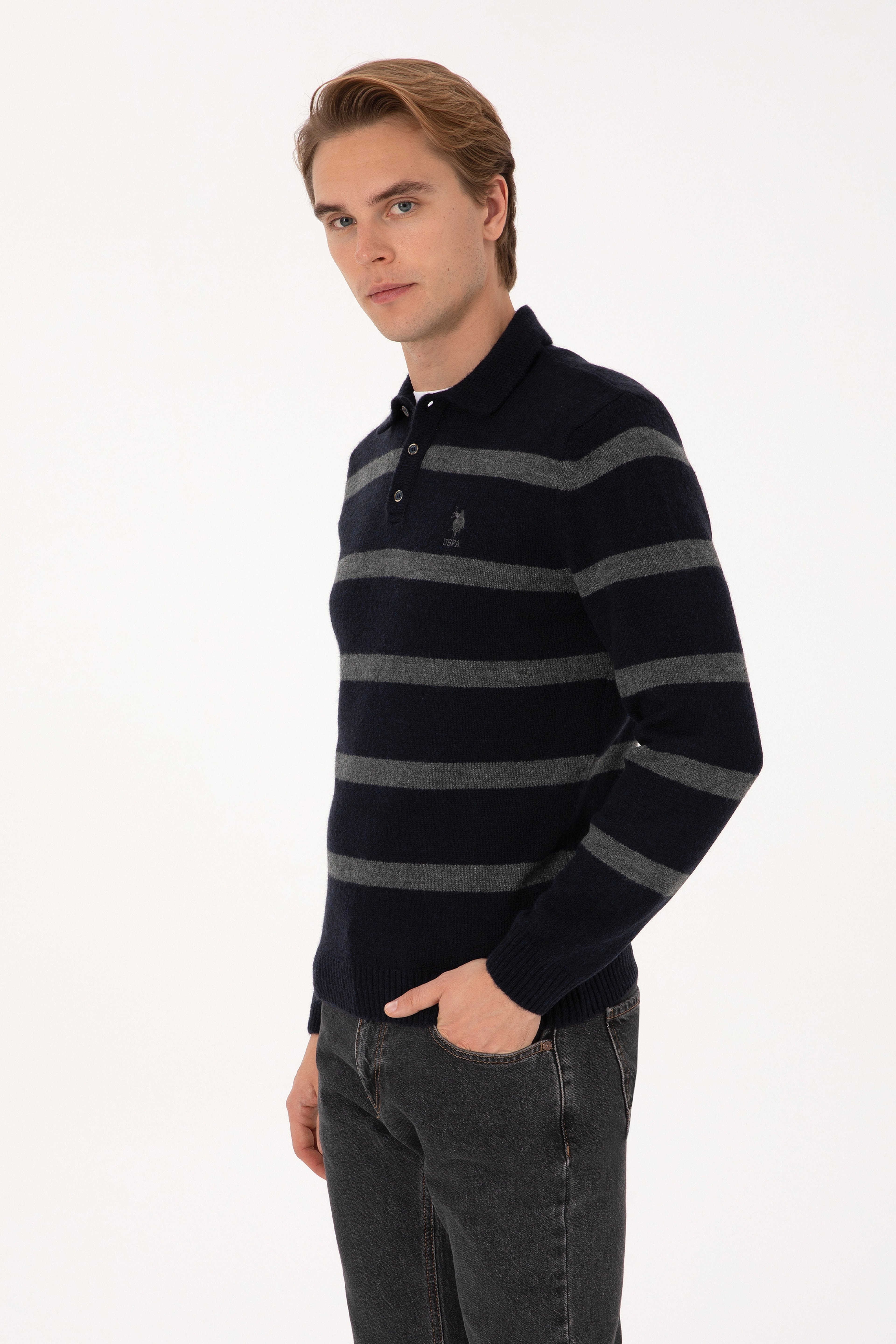 Erkek Regular Fit Polo Yaka Lacivert Kazak - Image 3