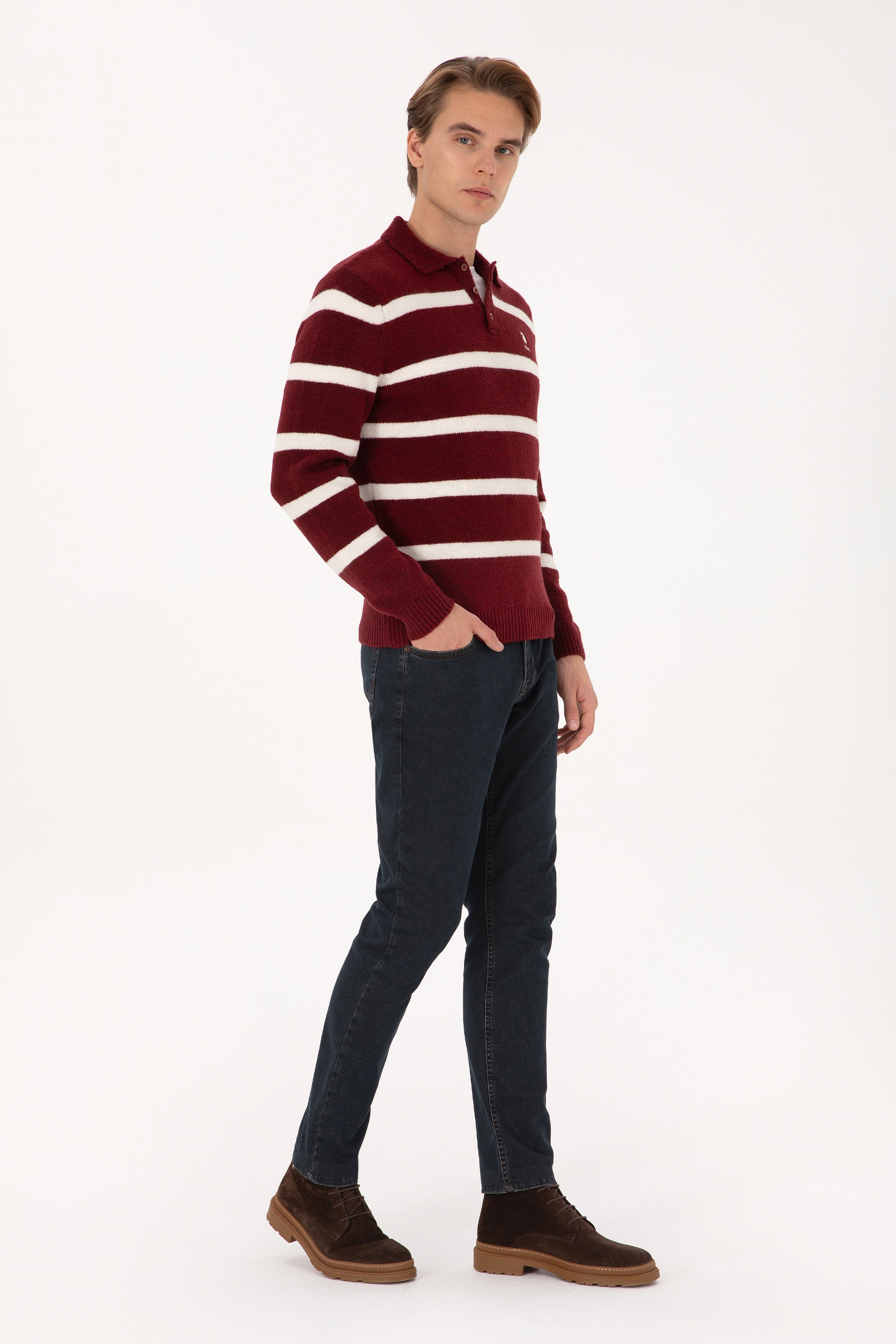 Erkek Regular Fit Polo Yaka Bordo Kazak - Image 4