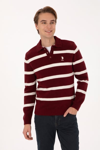 Erkek Regular Fit Polo Yaka Bordo Kazak