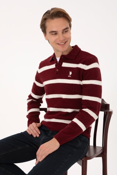 Erkek Regular Fit Polo Yaka Bordo Kazak