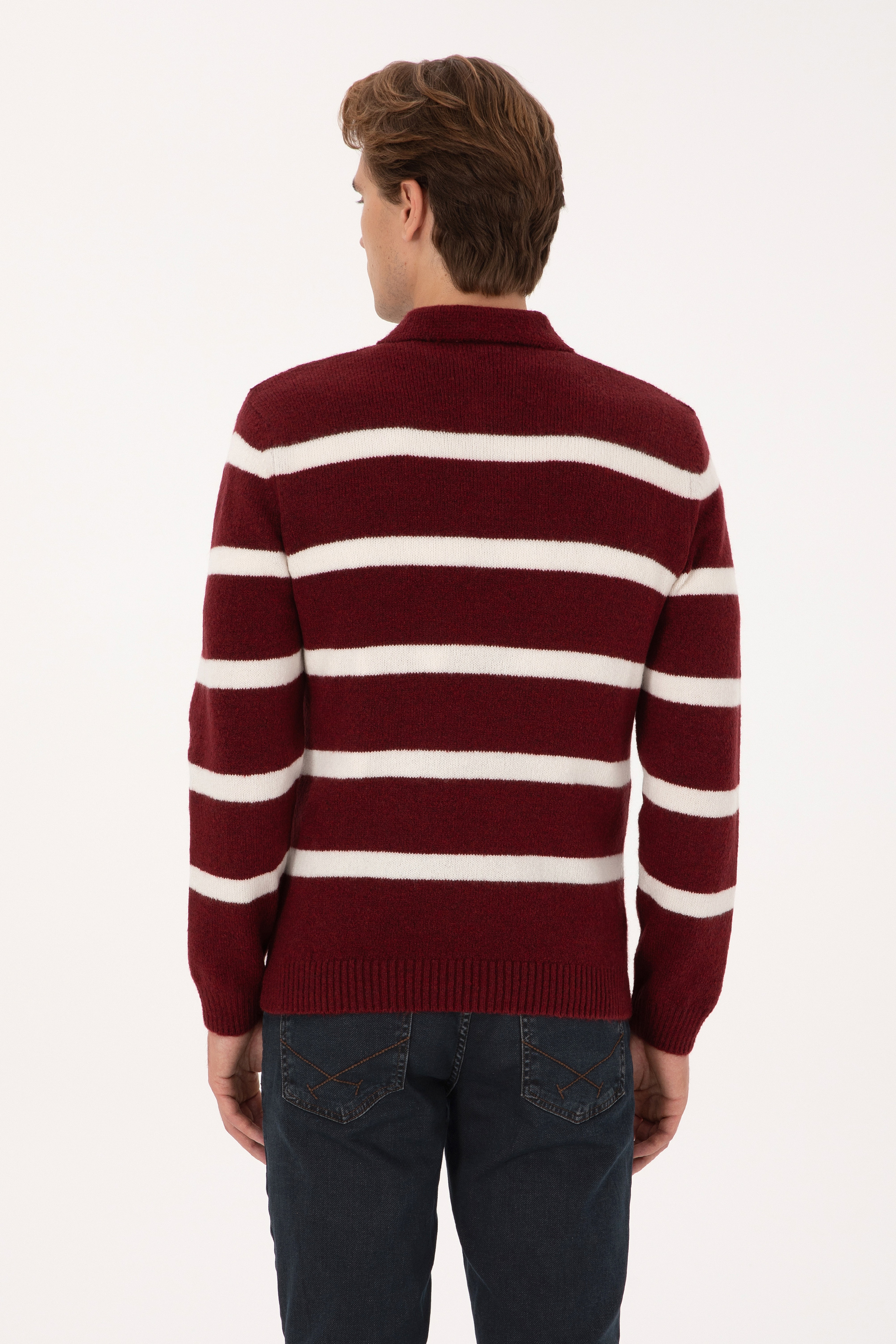 Erkek Regular Fit Polo Yaka Bordo Kazak - Image 5