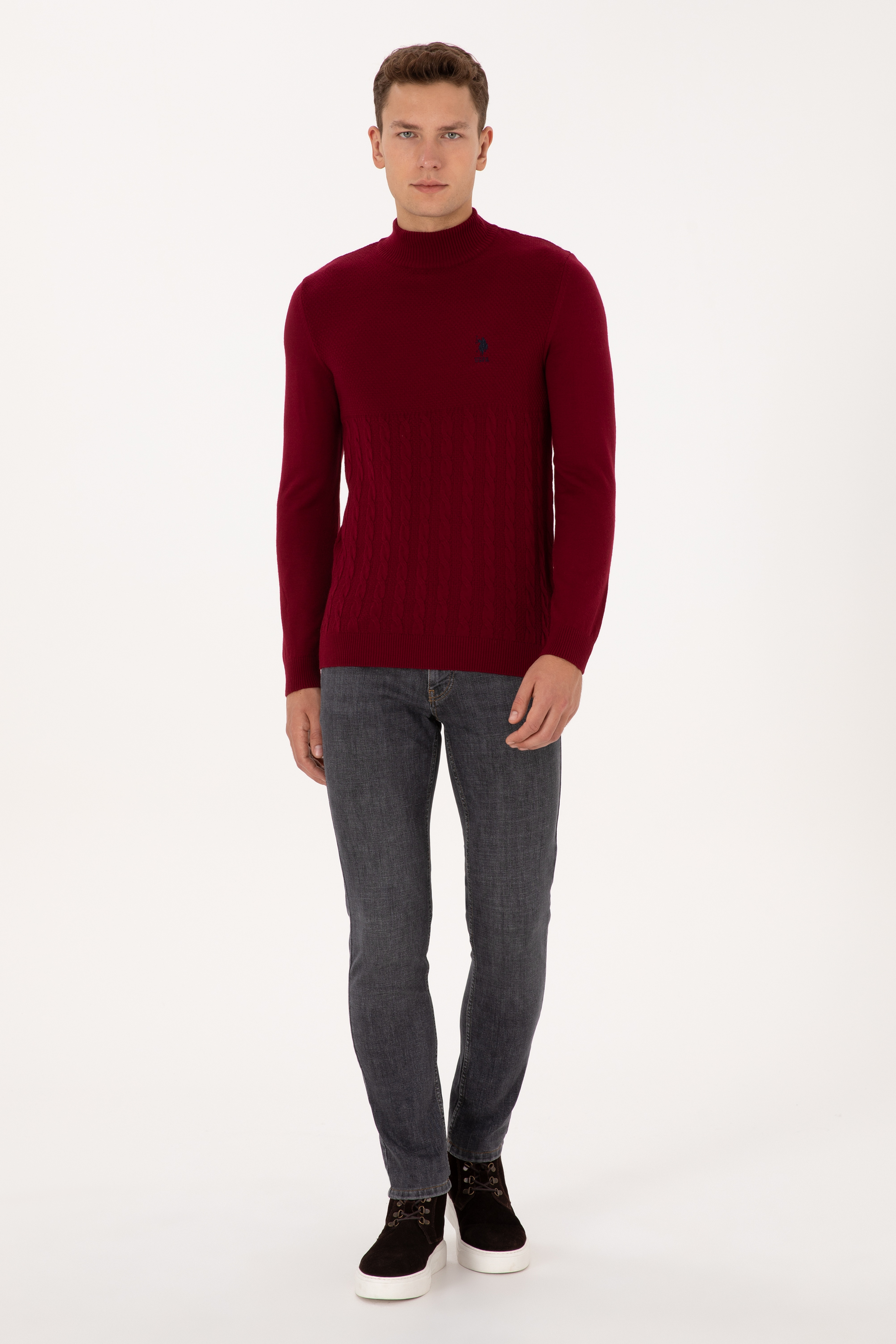 Erkek Slim Fit Yarım Balıkçı Yaka Bordo Kazak