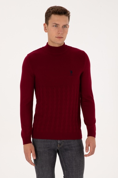 Erkek Slim Fit Yarım Balıkçı Yaka Bordo Kazak