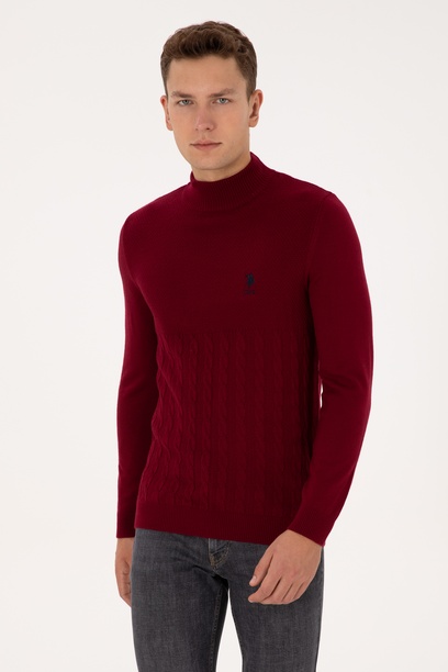 Erkek Slim Fit Yarım Balıkçı Yaka Bordo Kazak