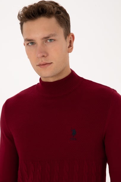 Erkek Slim Fit Yarım Balıkçı Yaka Bordo Kazak