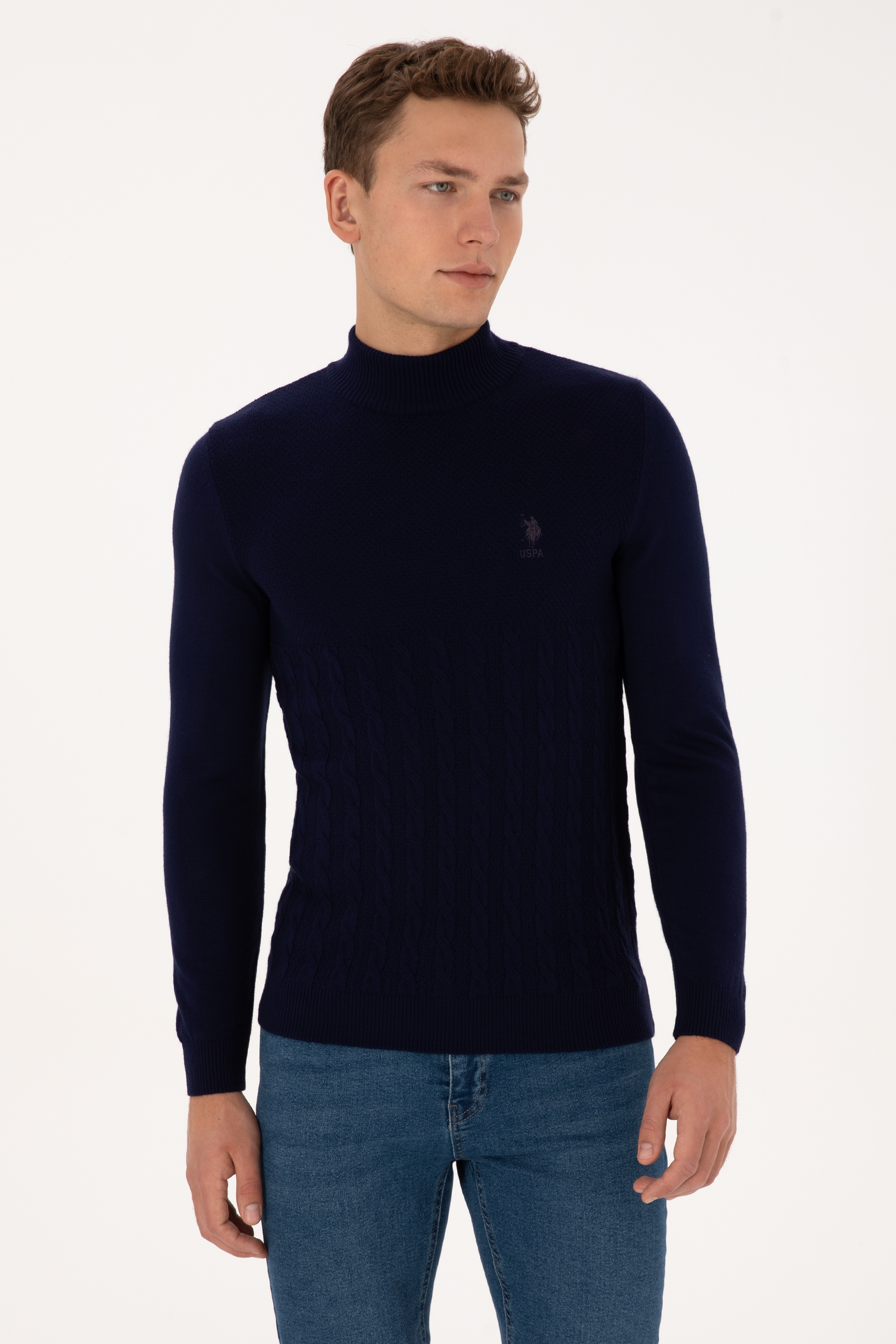 Erkek Slim Fit Yarım Balıkçı Yaka Lacivert Kazak - Image 3