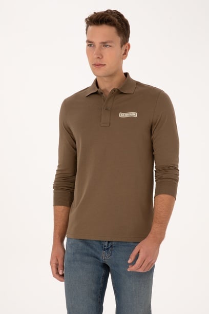 Erkek Regular Fit Polo Yaka Haki Sweatshirt