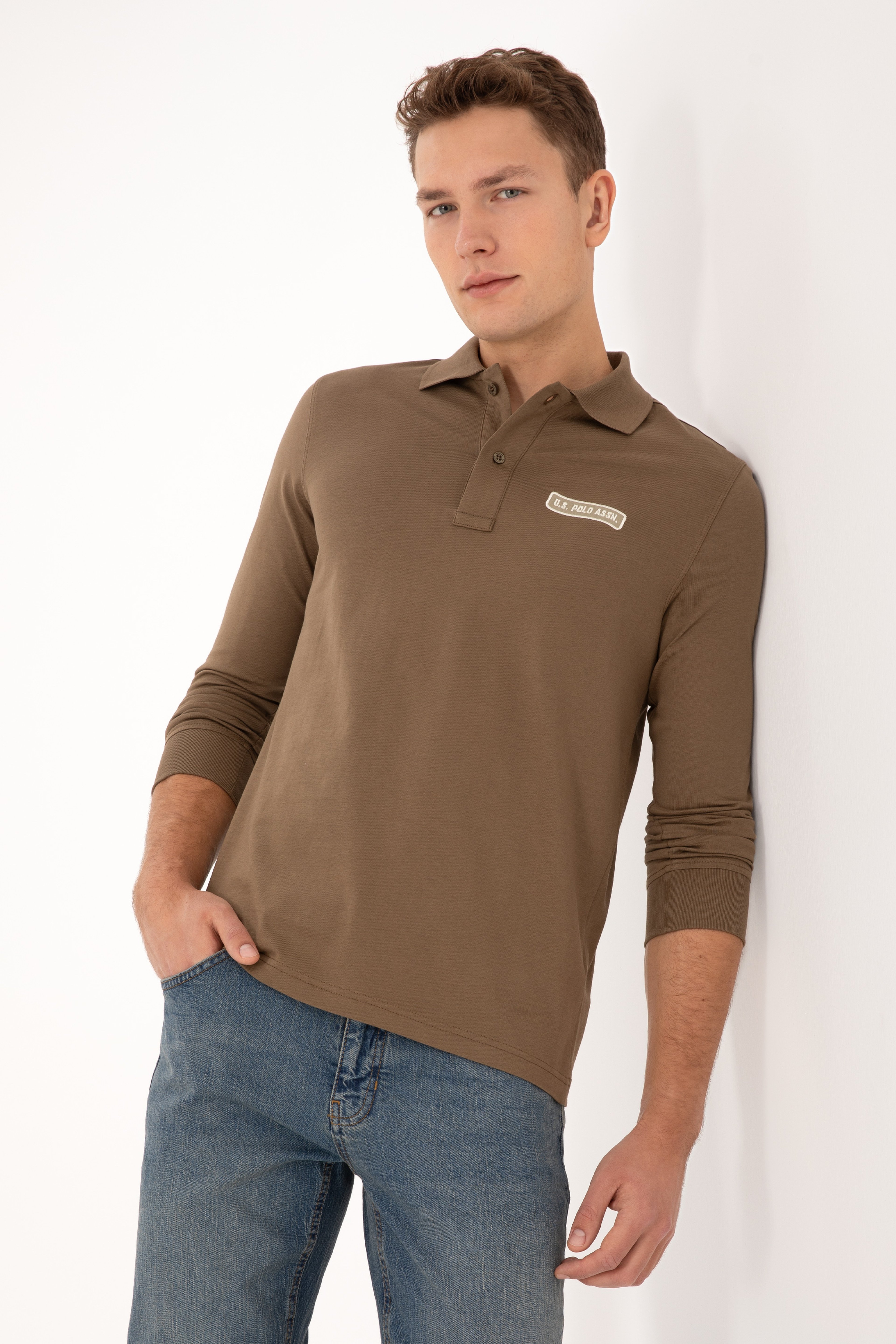 Erkek Regular Fit Polo Yaka Haki Sweatshirt