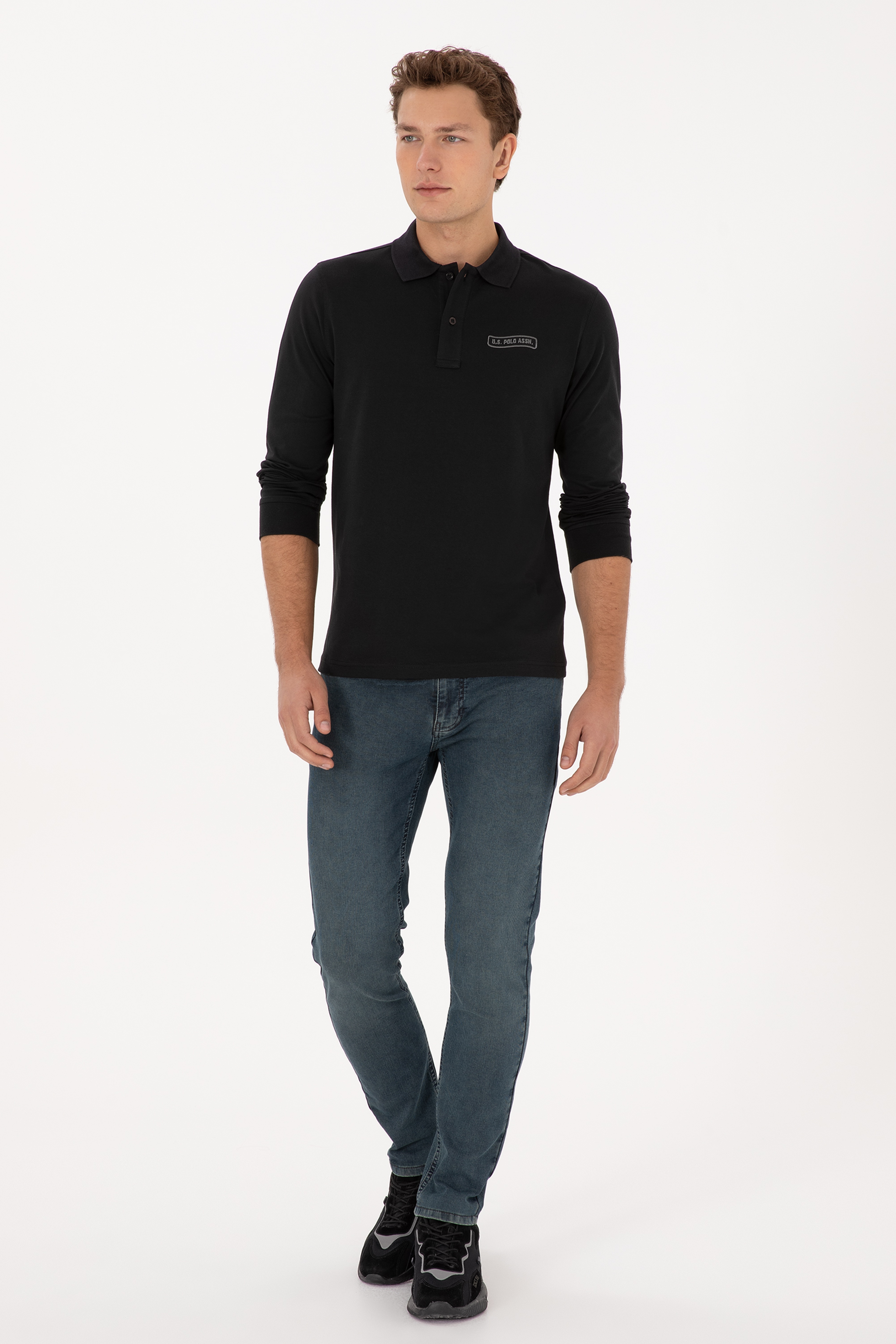 Erkek Regular Fit Polo Yaka Siyah Sweatshirt - Image 4