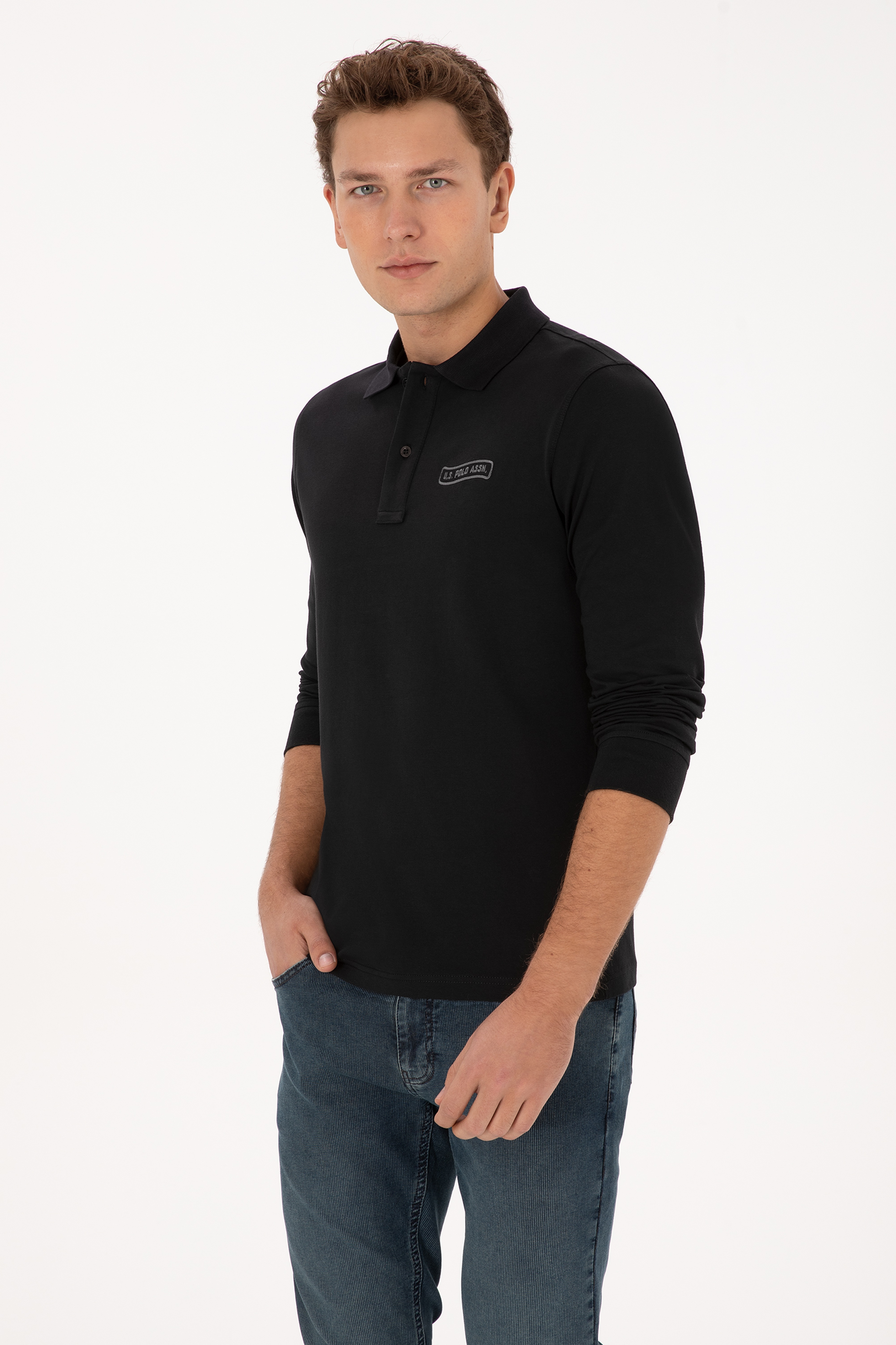 Erkek Regular Fit Polo Yaka Siyah Sweatshirt