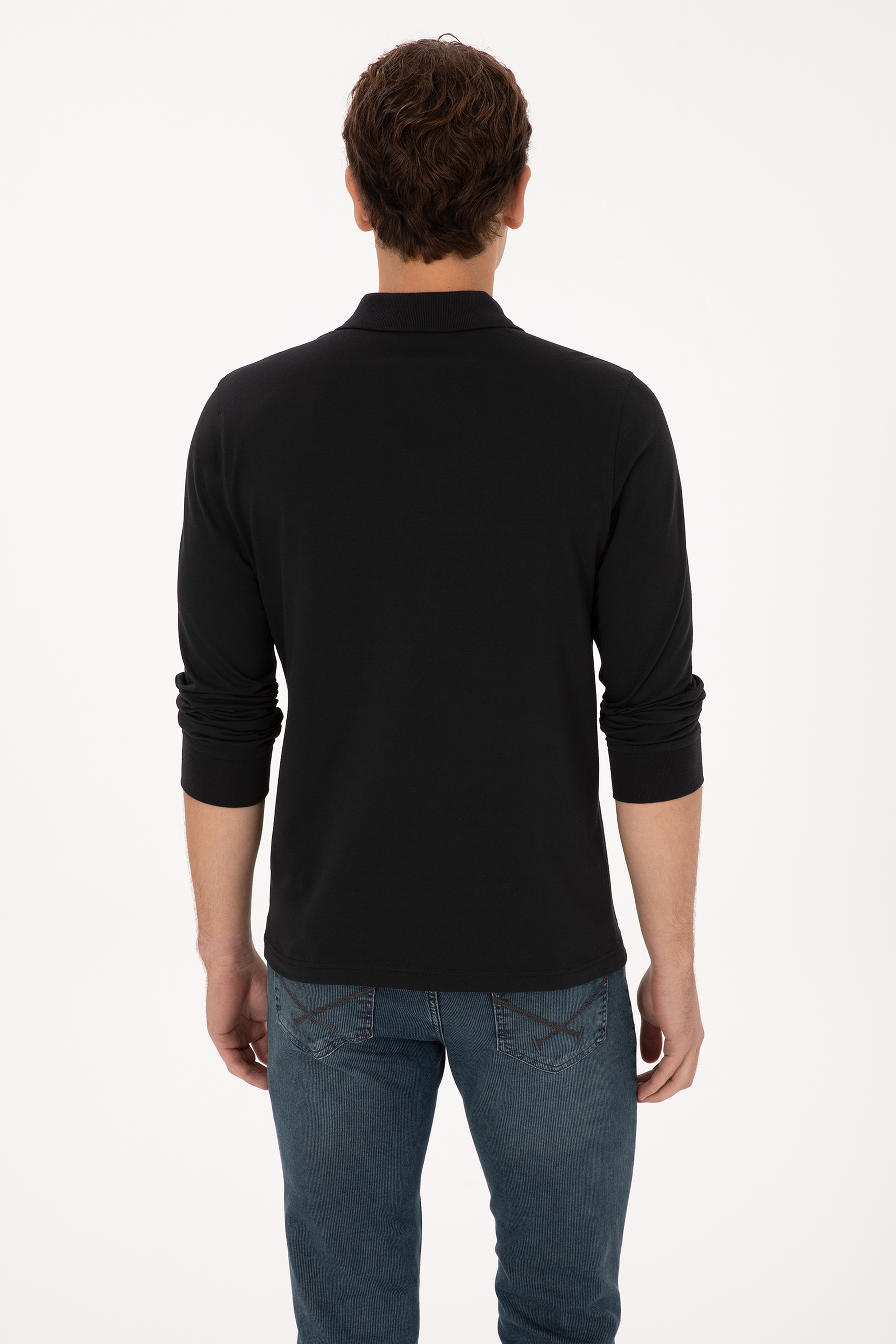 Erkek Regular Fit Polo Yaka Siyah Sweatshirt - Image 5