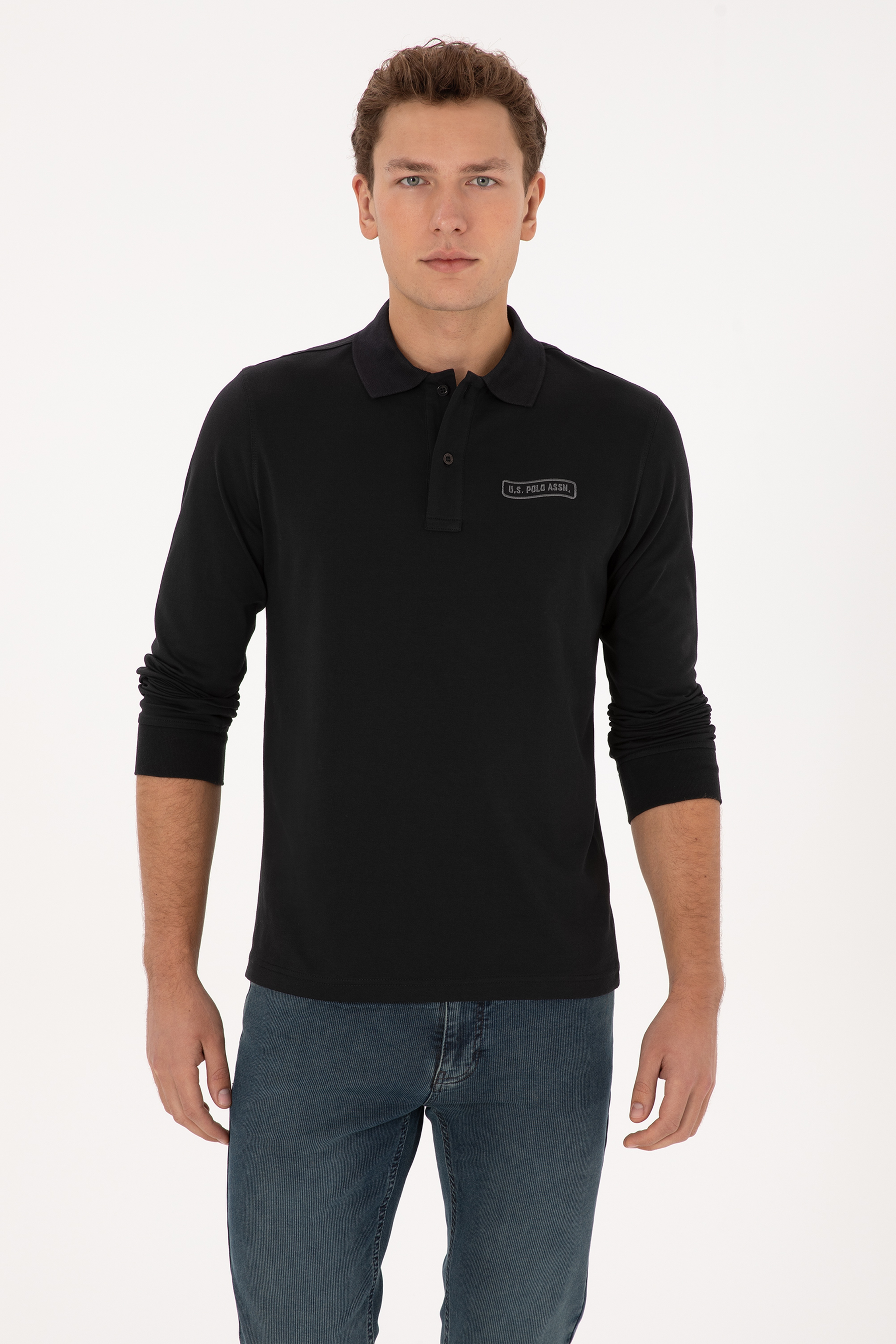 Erkek Regular Fit Polo Yaka Siyah Sweatshirt - Image 3
