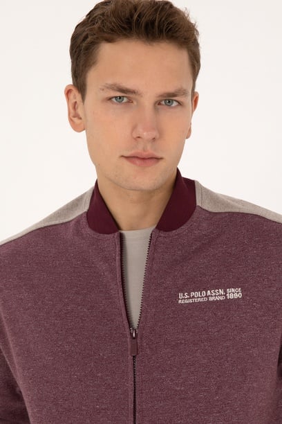 Erkek Regular Fit Fermuarlı Bordo Örme Hırka