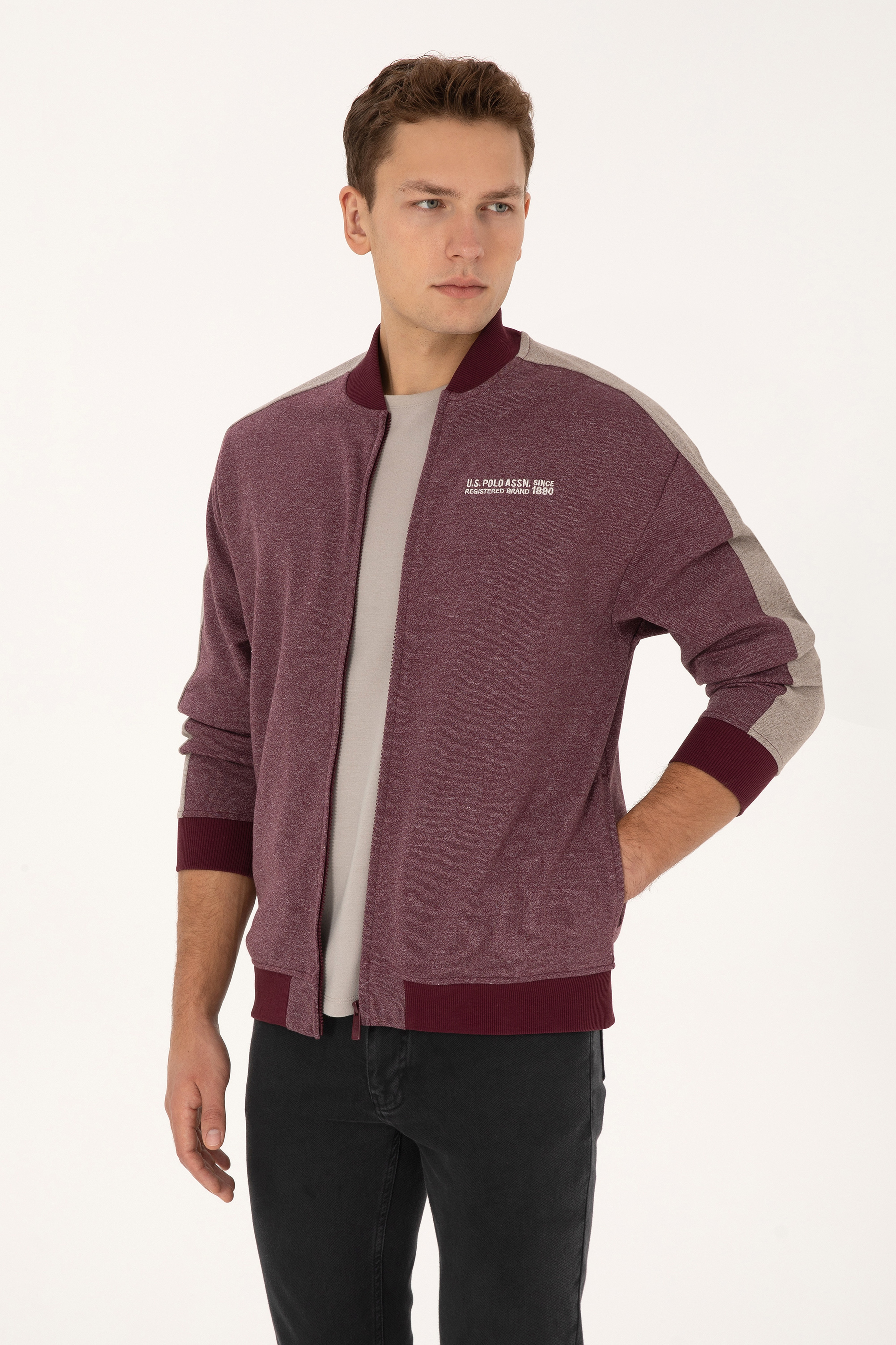 Erkek Regular Fit Fermuarlı Bordo Örme Hırka - Image 3