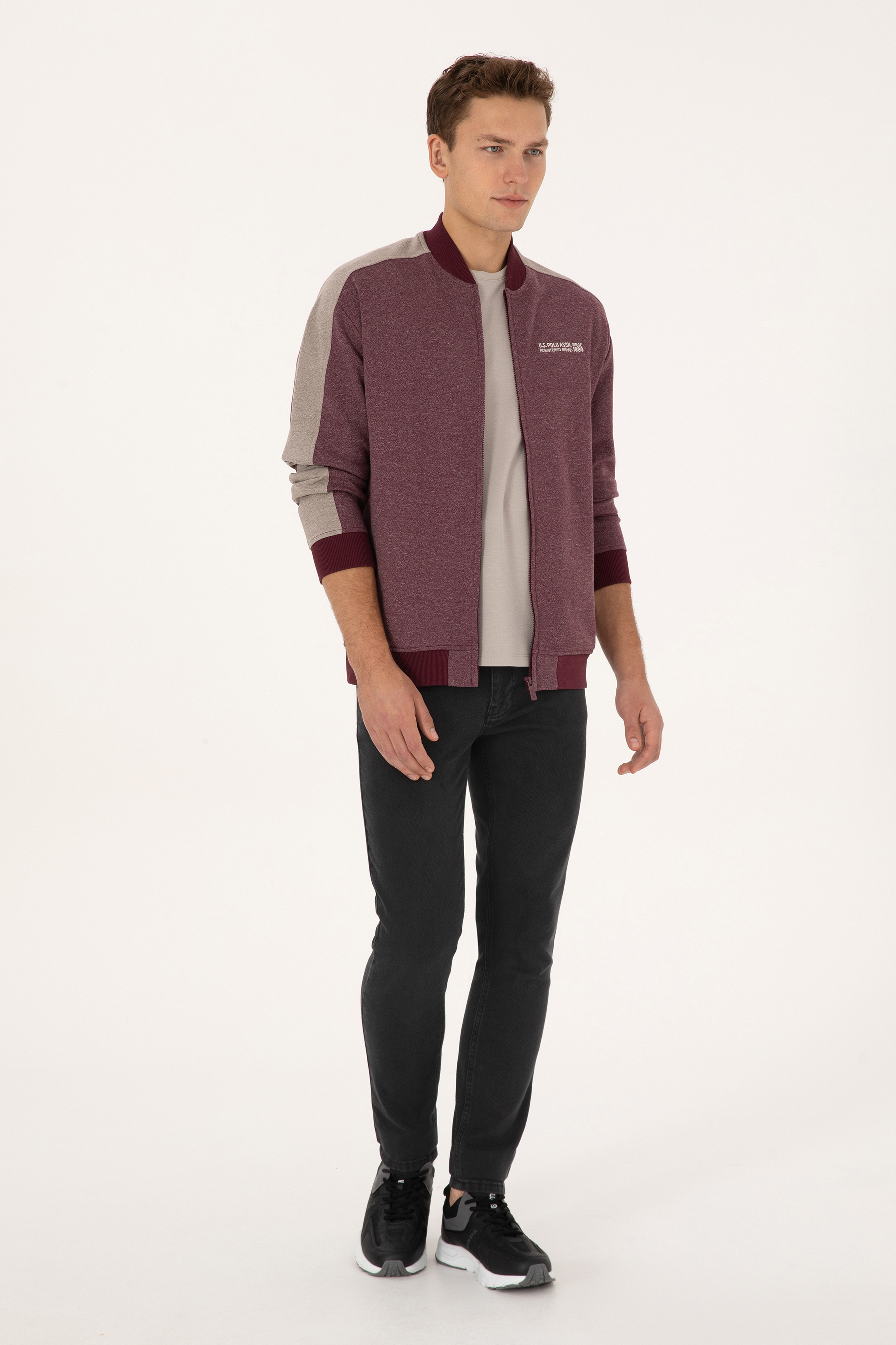 Erkek Regular Fit Fermuarlı Bordo Örme Hırka