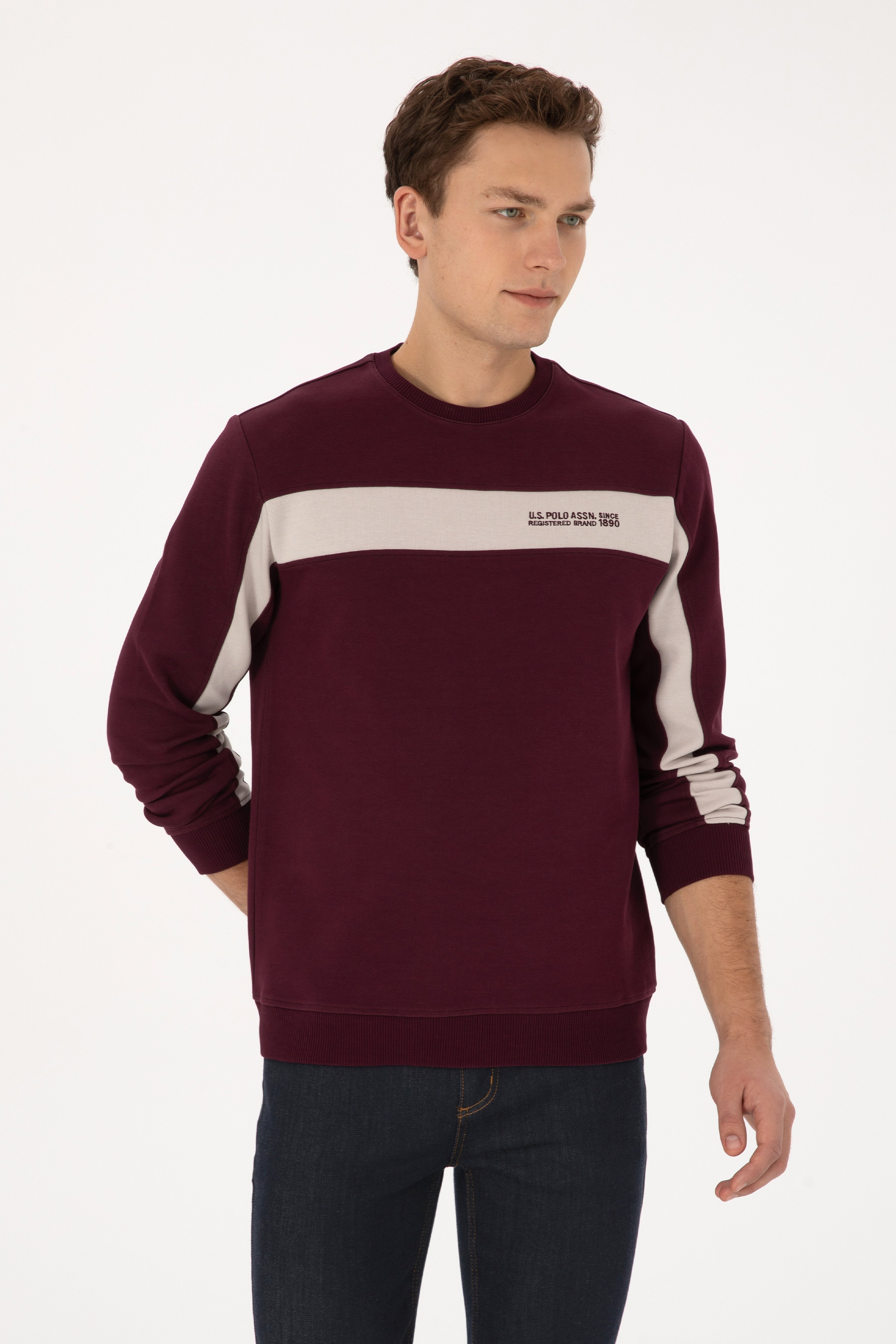 Erkek Regular Fit Bisiklet Yaka Bordo Sweatshirt - Image 3