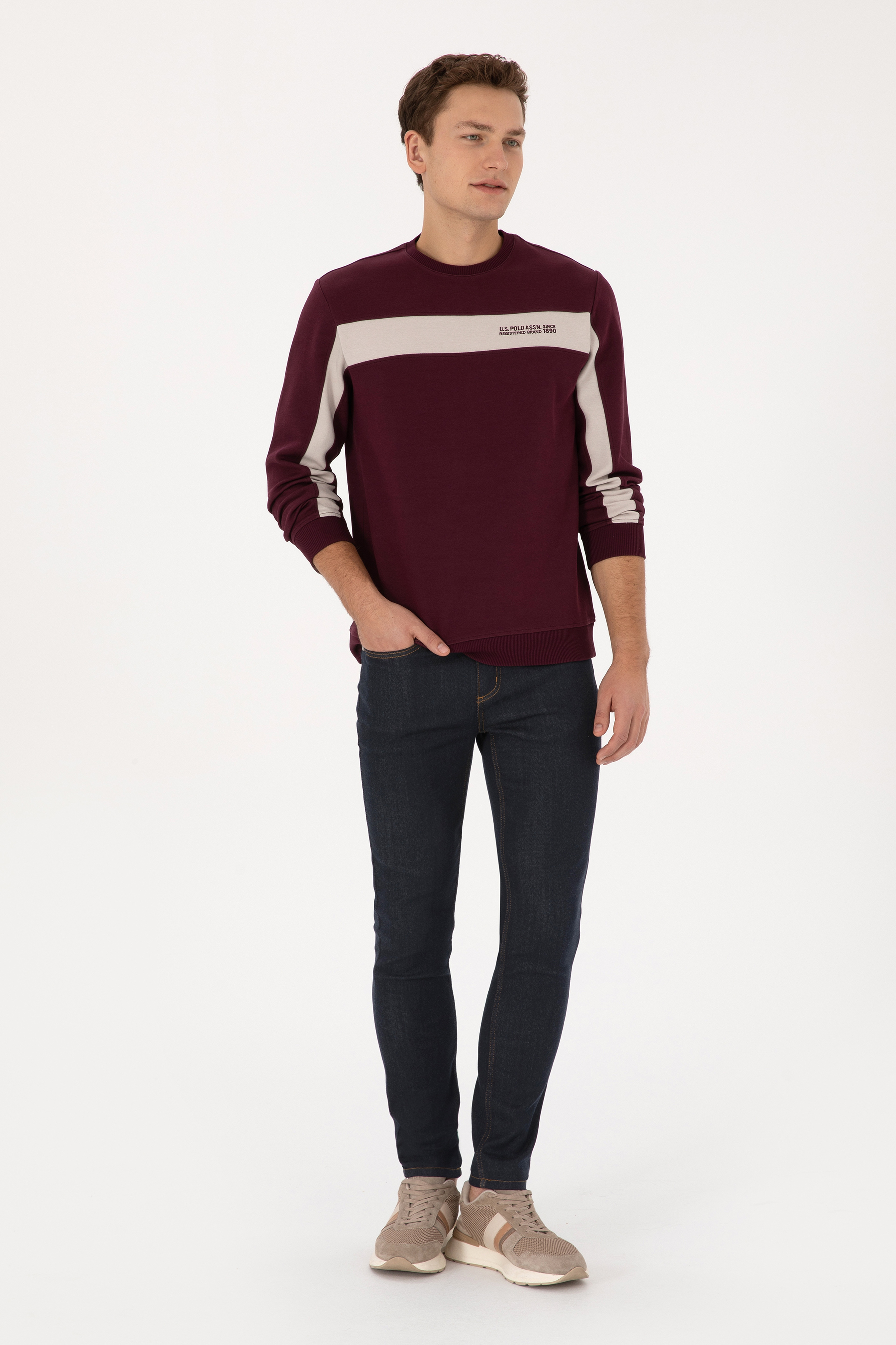 Erkek Regular Fit Bisiklet Yaka Bordo Sweatshirt - Image 4