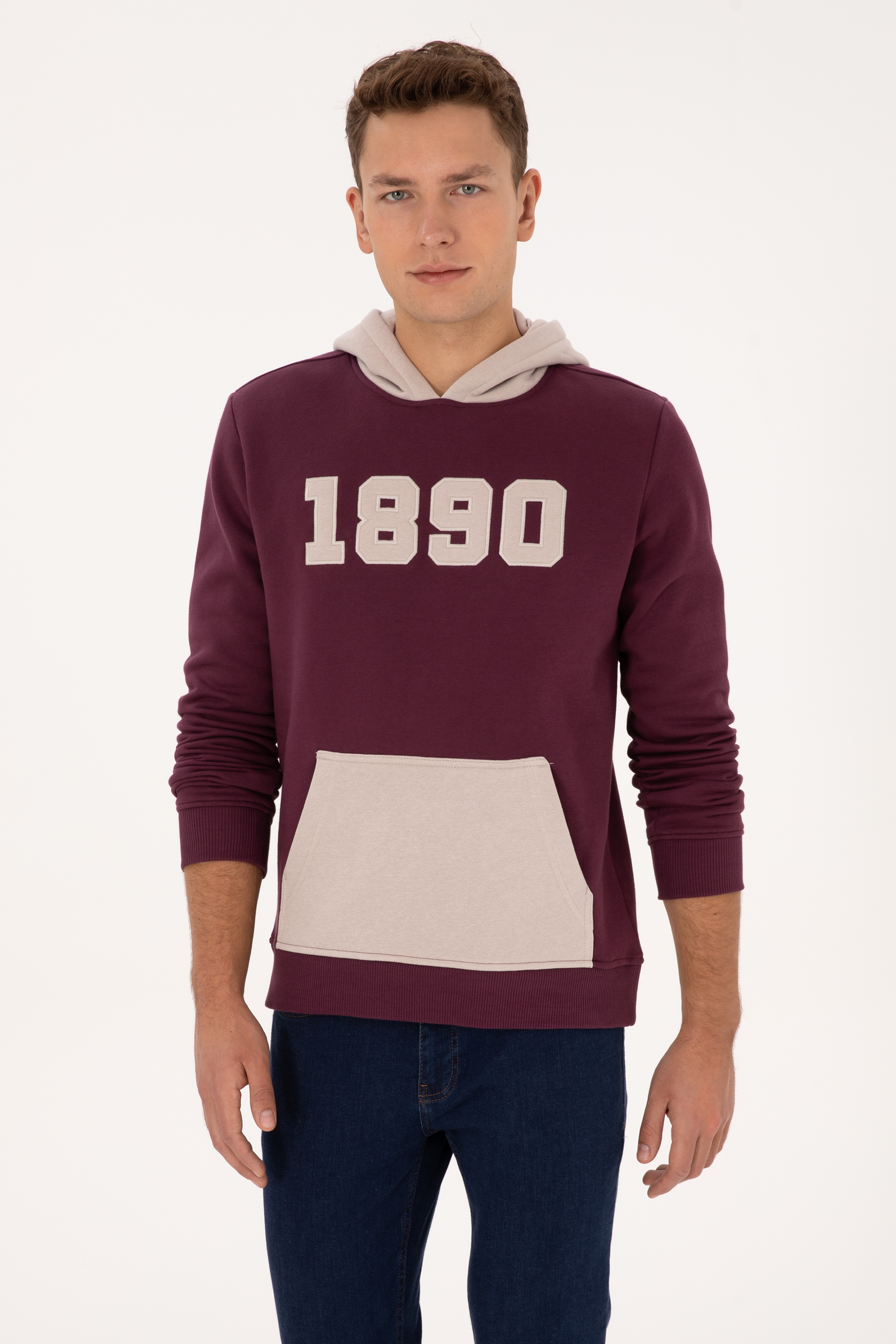 Erkek Regular Fit Kapüşonlu Şardonlu Bordo Sweatshirt