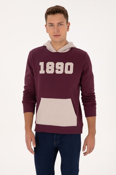Erkek Regular Fit Kapüşonlu Şardonlu Bordo Sweatshirt