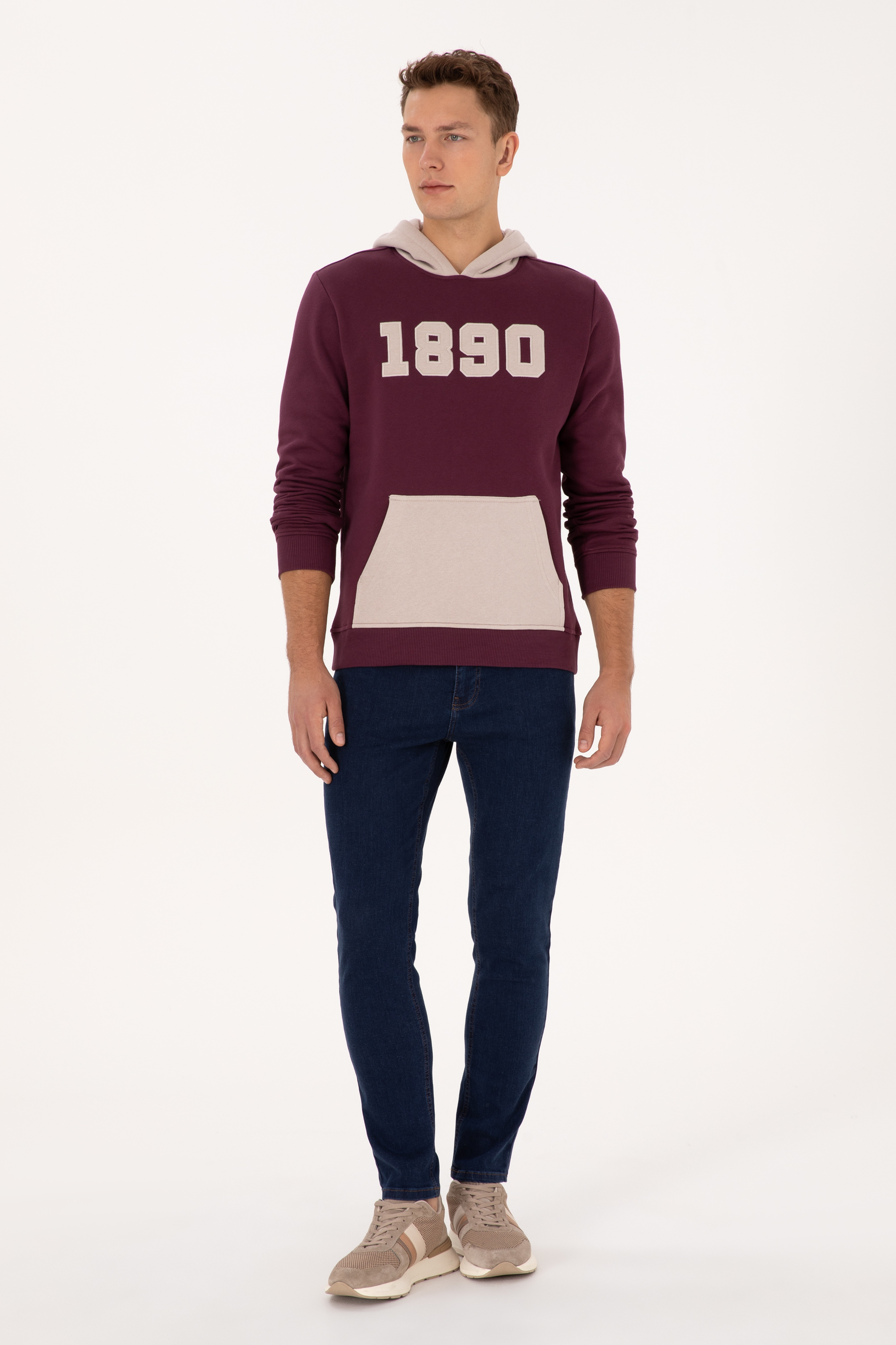 Erkek Regular Fit Kapüşonlu Şardonlu Bordo Sweatshirt - Image 4
