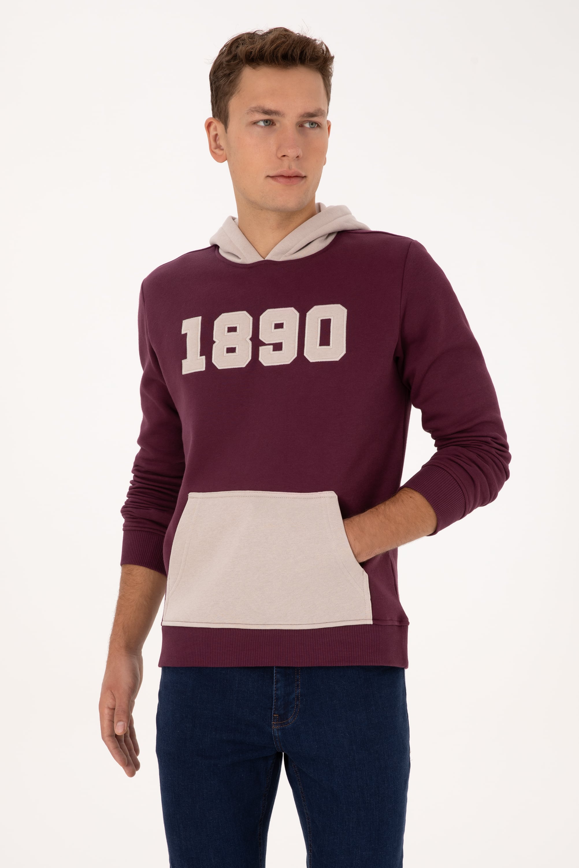 Erkek Regular Fit Kapüşonlu Şardonlu Bordo Sweatshirt