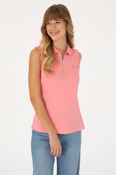 Kadın Pembe Polo Yaka Yarım Fermuarlı Tişört